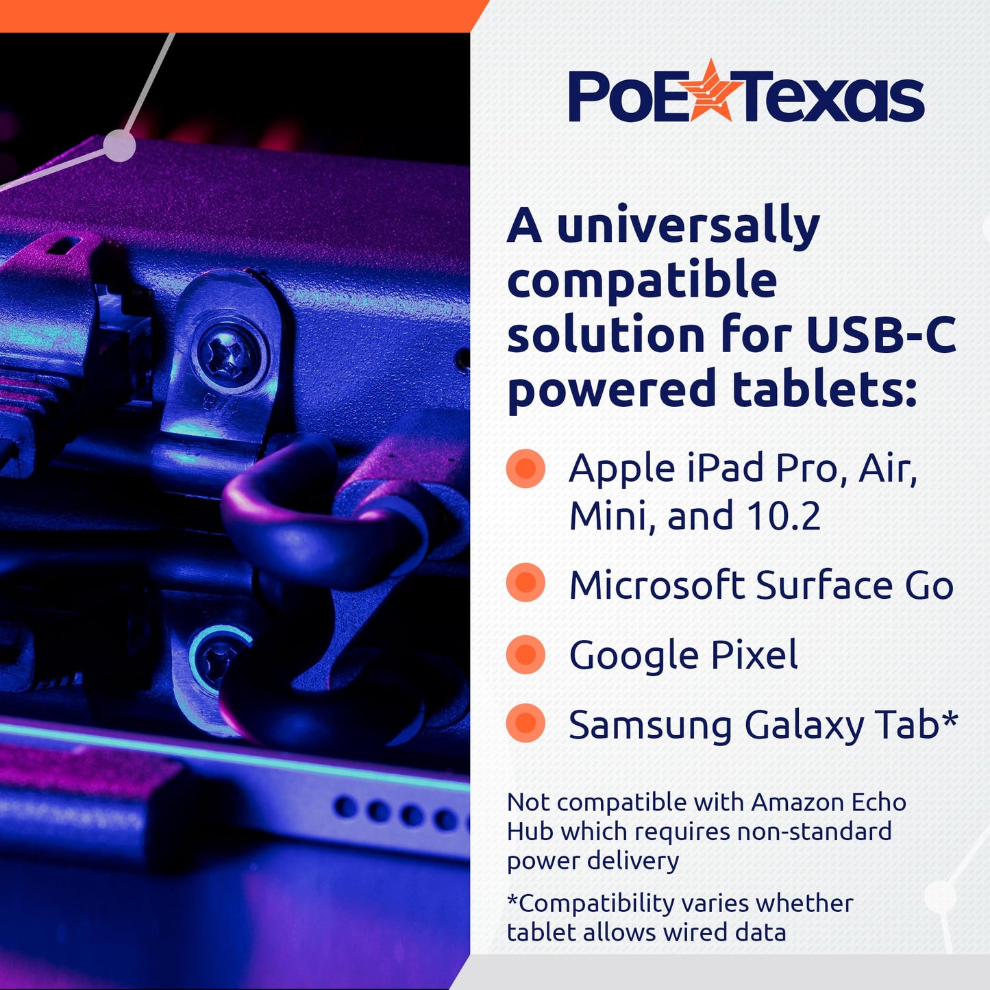 PoE Texas Gigabit PoE+ to USB-C Adapter - 25 Watt Power and Data Delivery - Active IEEE 802.3at Power and Ethernet Adapter with an Aluminum Housing