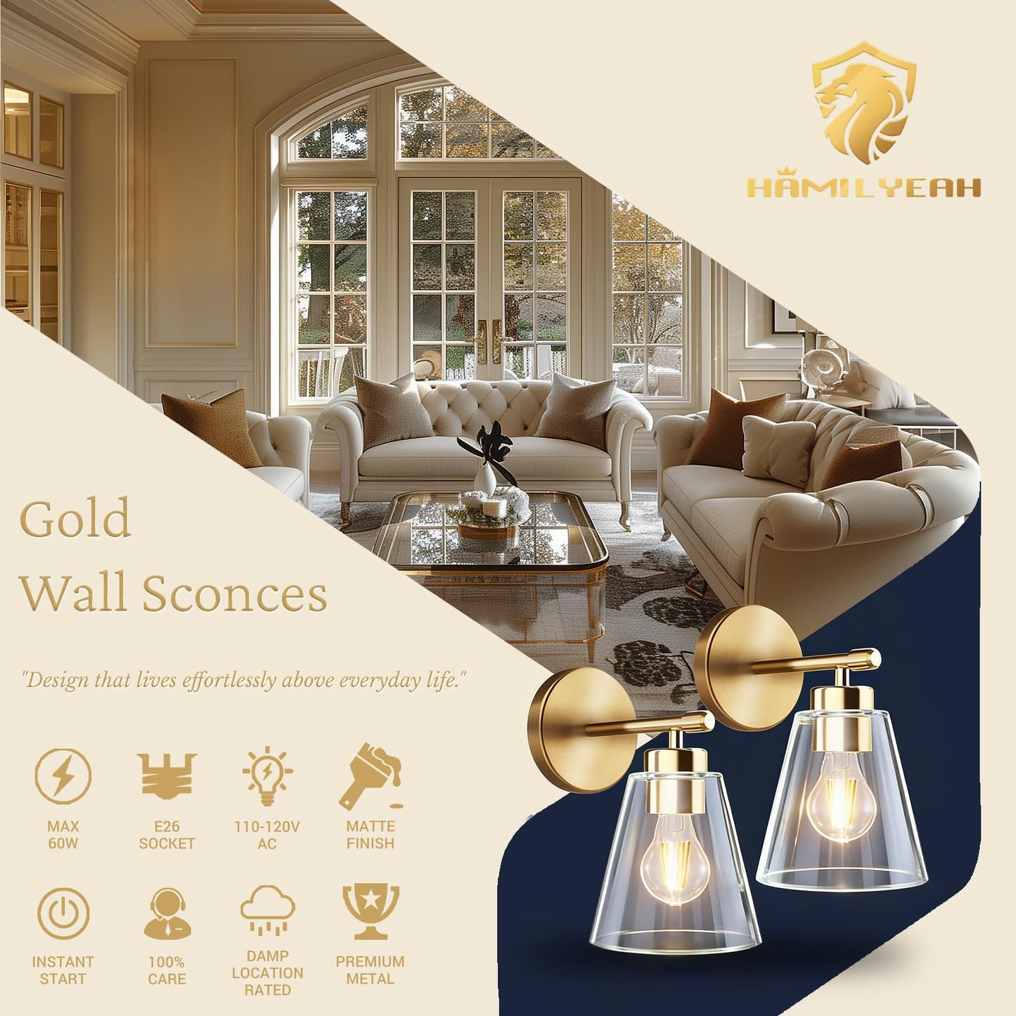 Hamilyeah Gold Wall Sconces Set of 2, Bathroom Sconce Lighting Fixtures, Modern Industrial Sconces Wall Lighting Indoor, Brass Wall Lamps for Bedroom