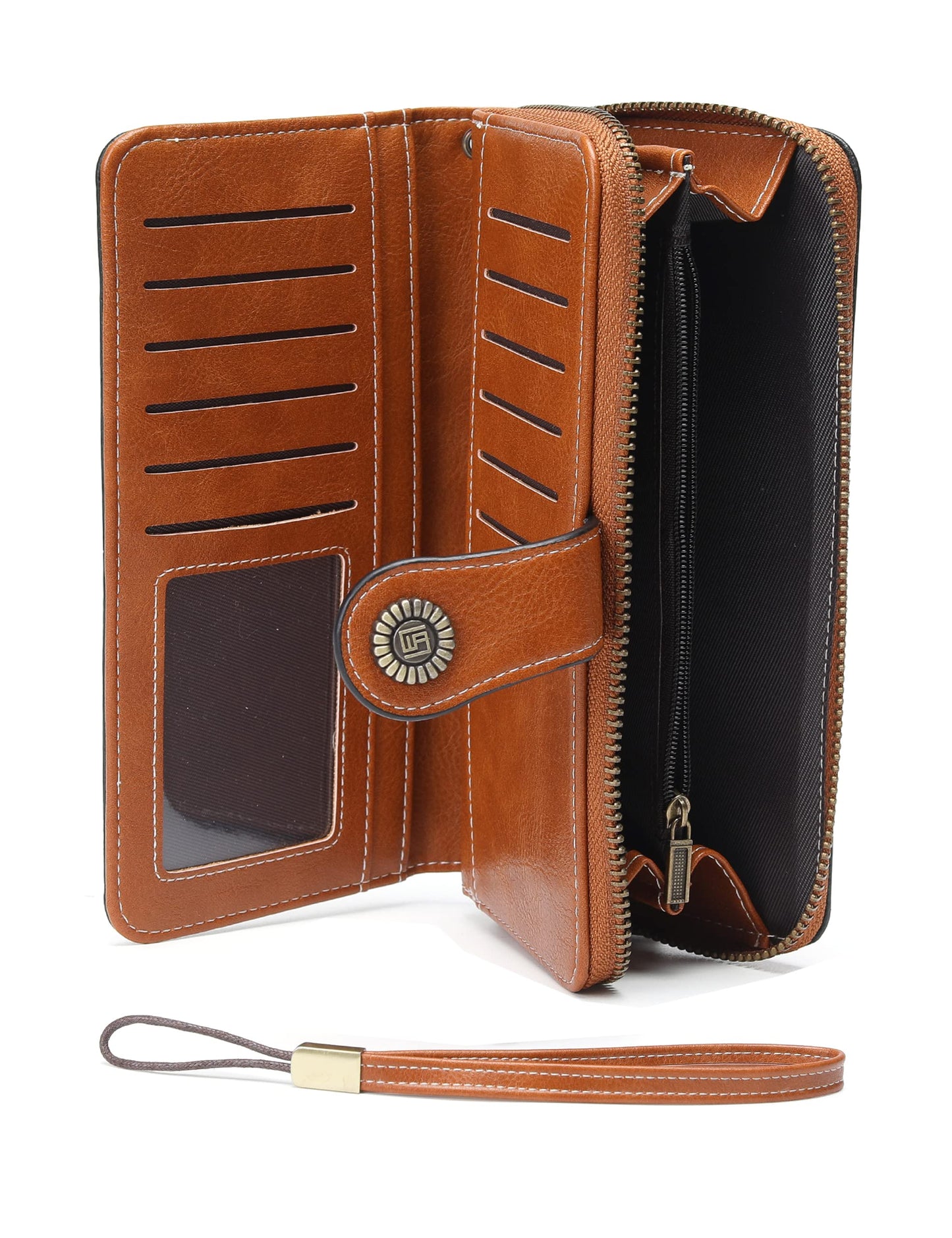 JJUQ Womens Wallet Leather Large Capacity Card Holder Zipper Wristlet Wallets for Women-brown