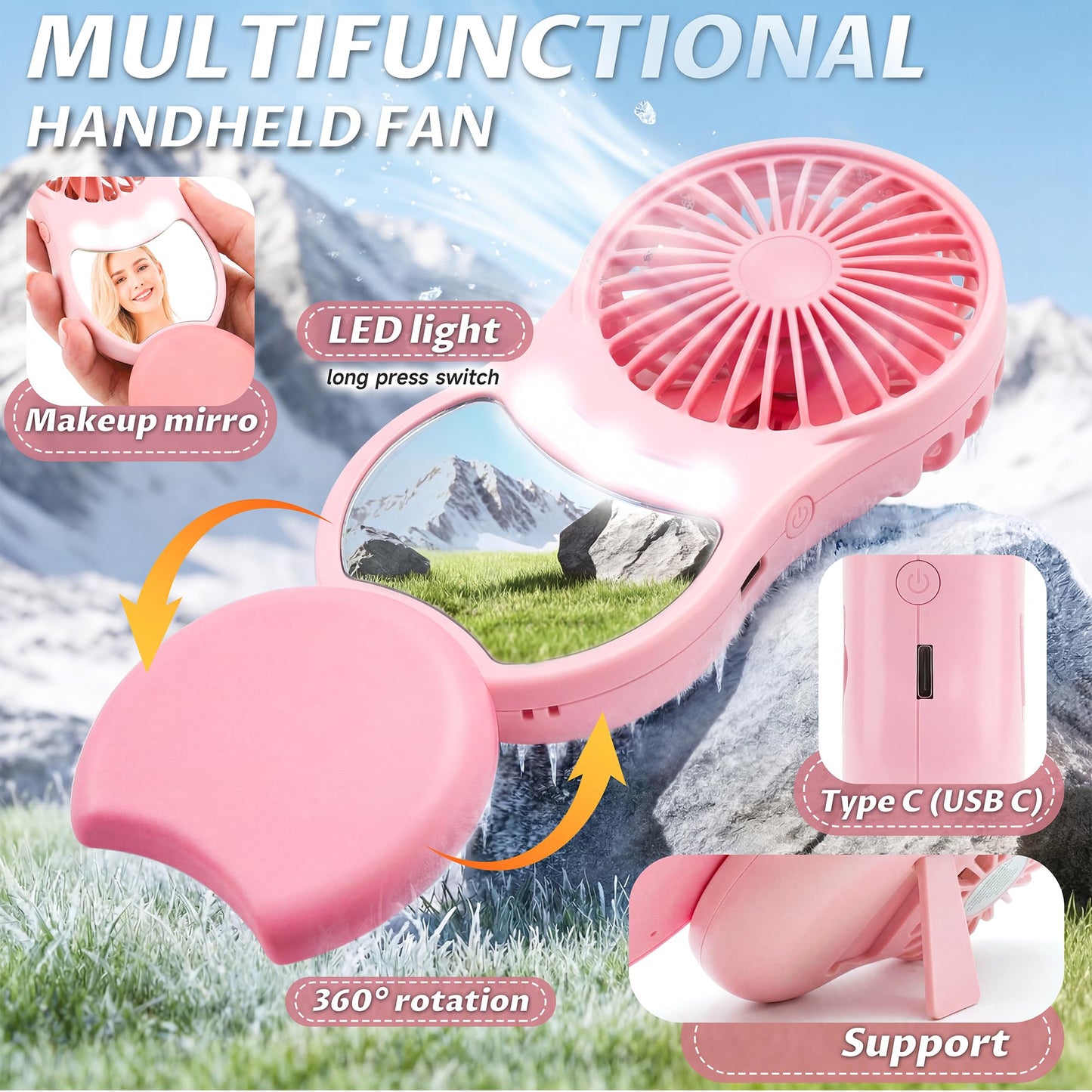 MOHADU Makeup Fan with Mirror LED Light Desktop Support Lightweight Fan