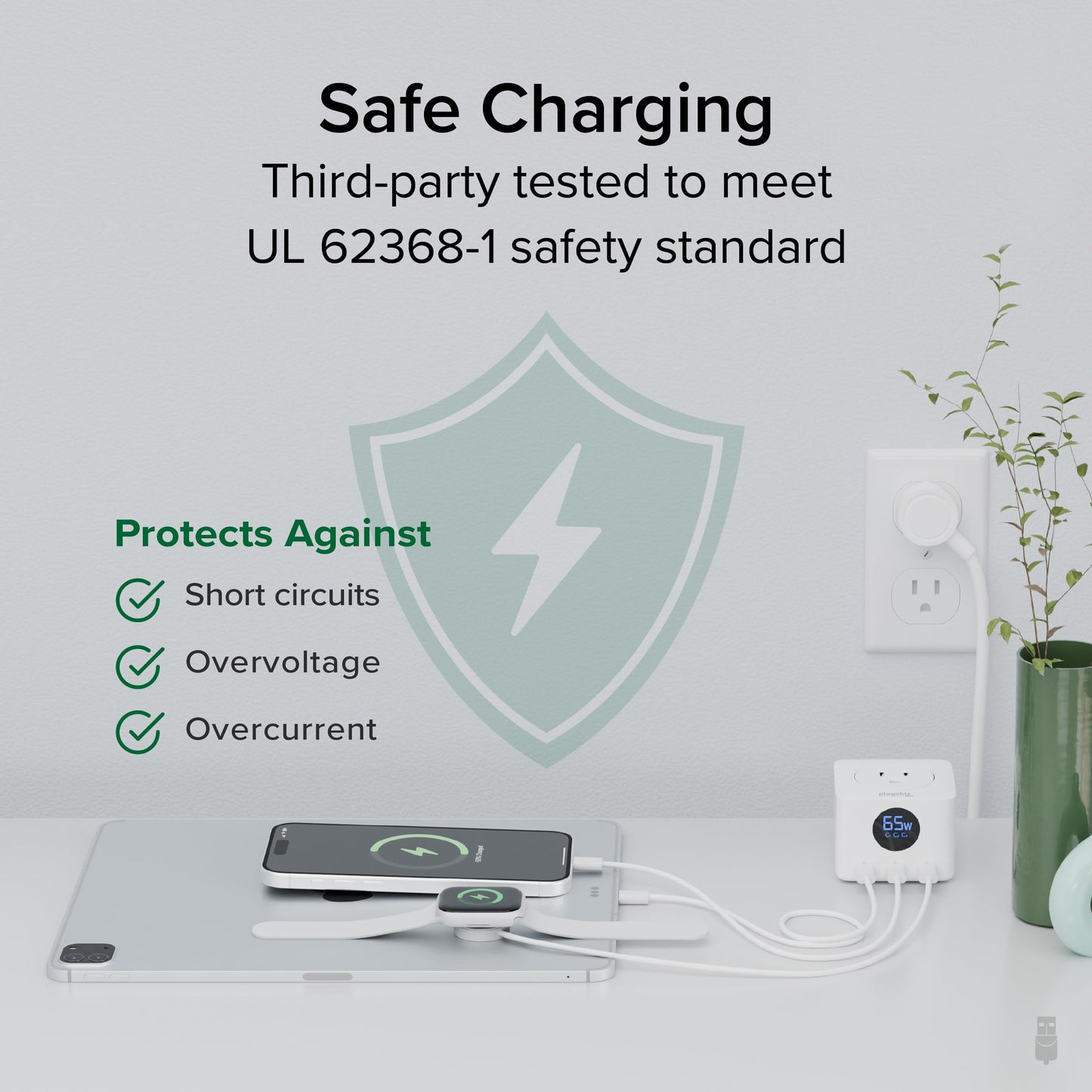 Plugable 67W USB C Power Strip, Charging Station Extension Cord with Multiple Outlets, Flat Wall Plug and Watt Meter, 3X USB-C, 3X AC Power Outlets