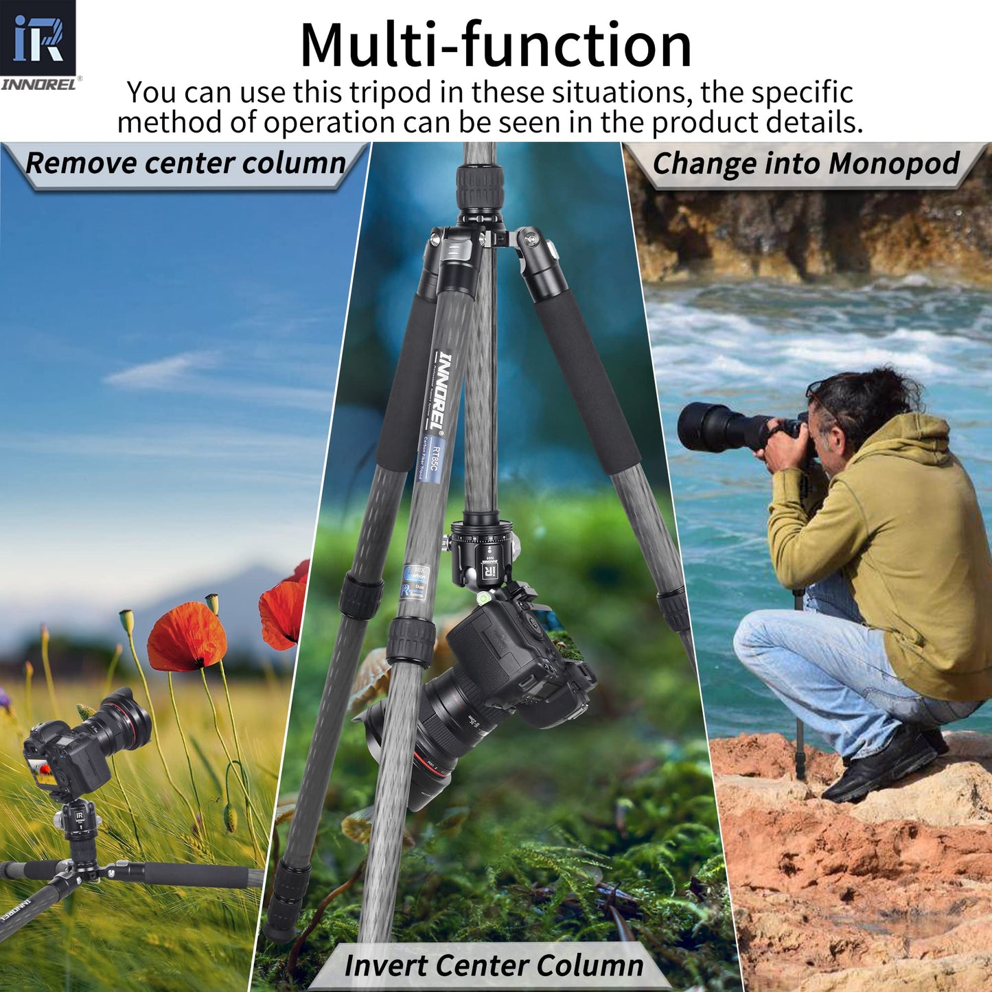 Carbon Fiber Tripod-INNOREL RT85C Without Ballhead Super Professional Tripod Monopod Heavy Duty Stand Support for Digital DSLR Camera Black
