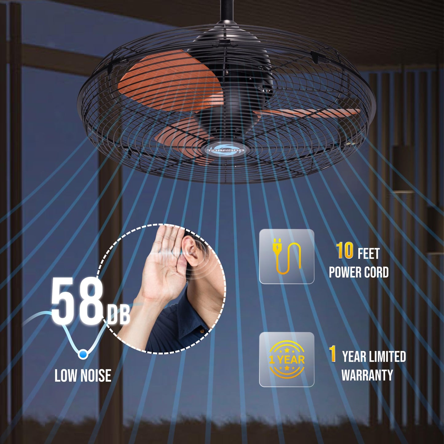 Tornado 20-Inch Outdoor Downrod Mount Ceiling Fan, IPX4 Water-Resistant with Remote Control, 3-Speed Settings, 3300 CFM Airflow, 10-Foot Cord, UL