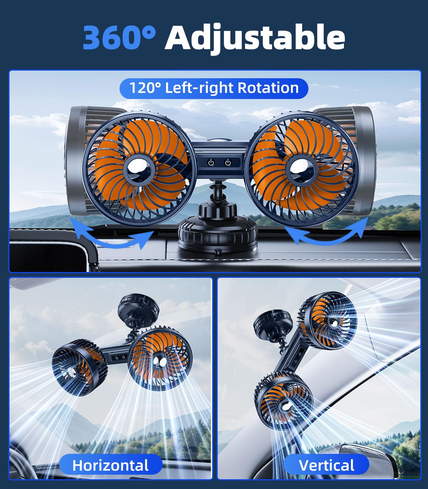 xuenair Rechargeable 4000mAh Battery Powered Fan for Car Windshield Wall