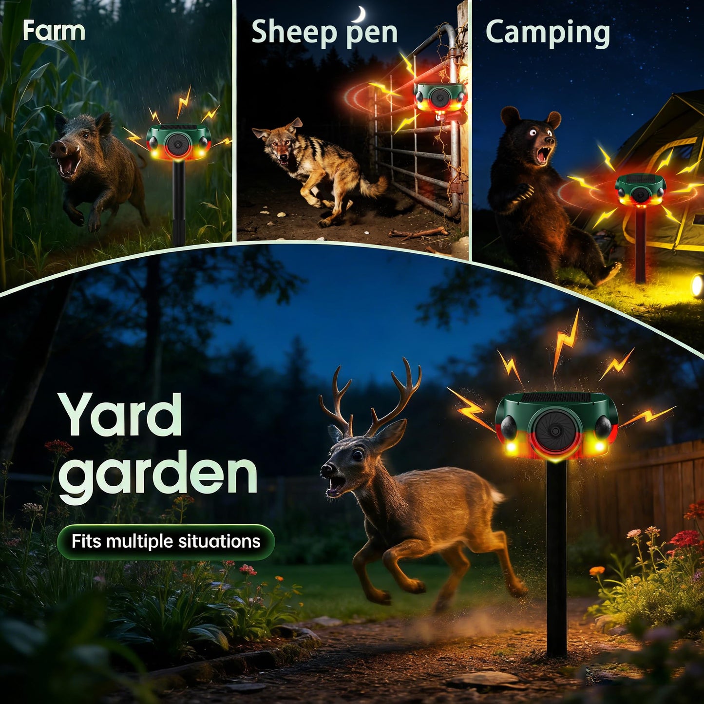 Solar Outdoor Motion Sensor Alarm - 360° Detection & 3x120dB Speakers, 3 Sensors, Universal Mount & Ground Stake, IP65 Waterproof Security Alarm