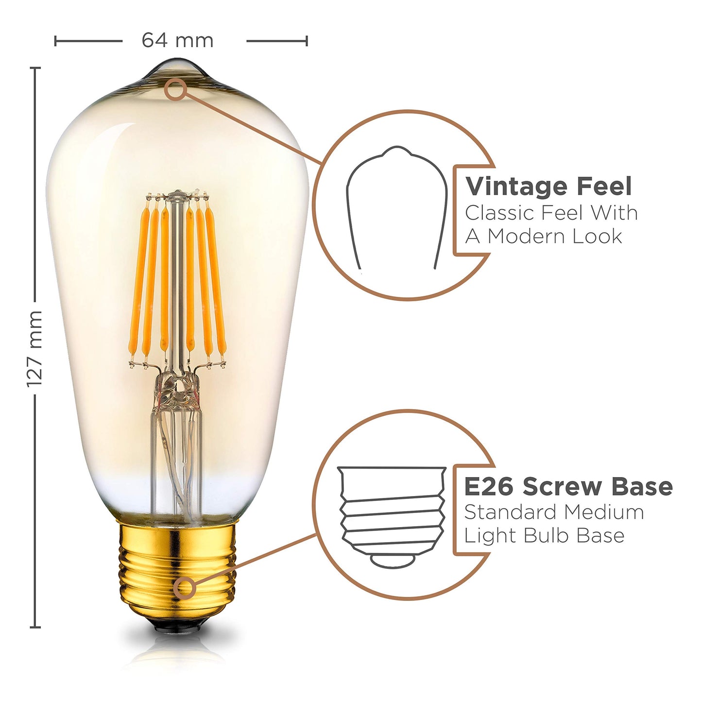 Hudson Vintage LED Edison 6W Bulb Set - 6-Pack 2200K Dimmable Warm Illumination (60W Equivalent) - E26/27 Base, Amber Gold Tint Glass - ST58