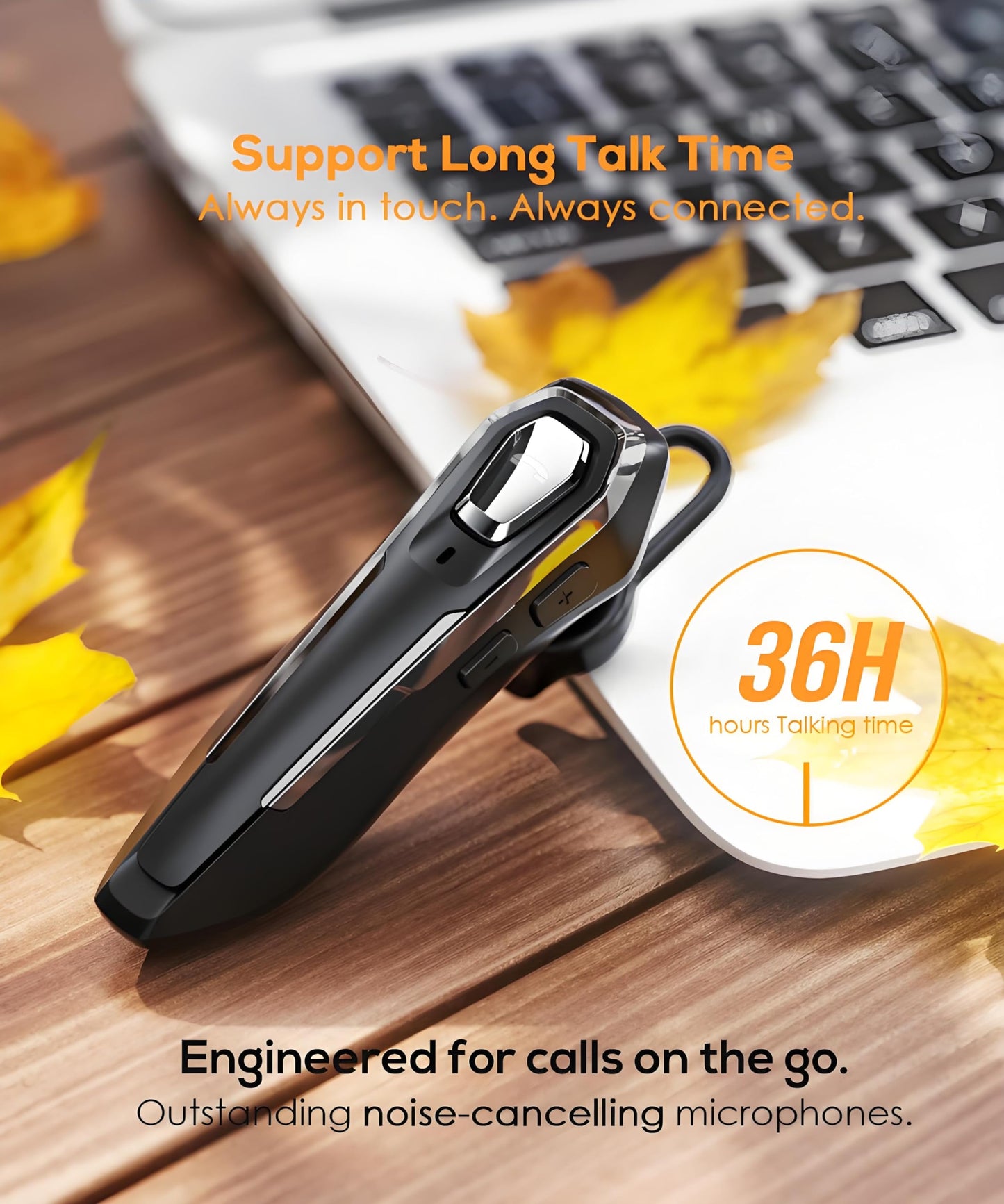 BEVCEFCC Single Ear Bluetooth Headset for Calls, Wireless Earpiece with Noise Canceling Microphone, 36Hrs Talk Time, Lightweight Hands-Free Headset