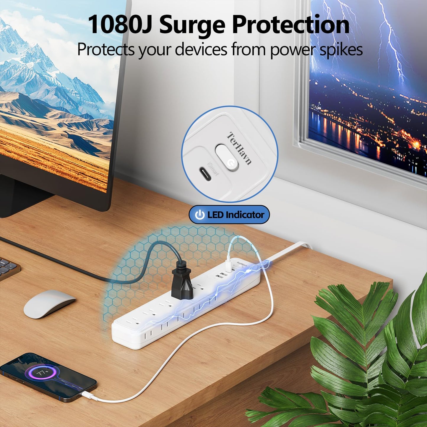 5Ft Power Strip Surge Protector - TerHavn Extension Cord with 15 AC Outlets and 4 USB Ports for for Home, Office, Dorm Essentials, 1080 Joules,15A