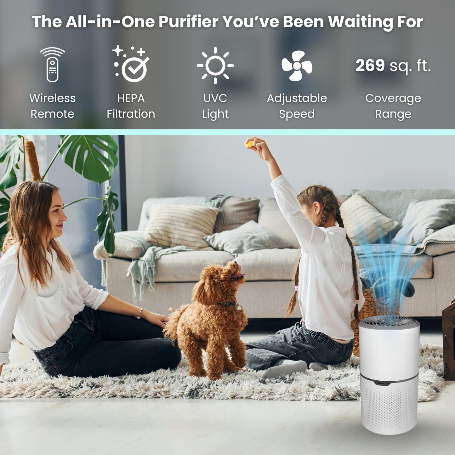 Equator Air Purifier for Pet Homes - Eliminates Pet Smells, Dander & Hair | Advanced HEPA + Carbon Filtration for Fresh, Odor-Free Living