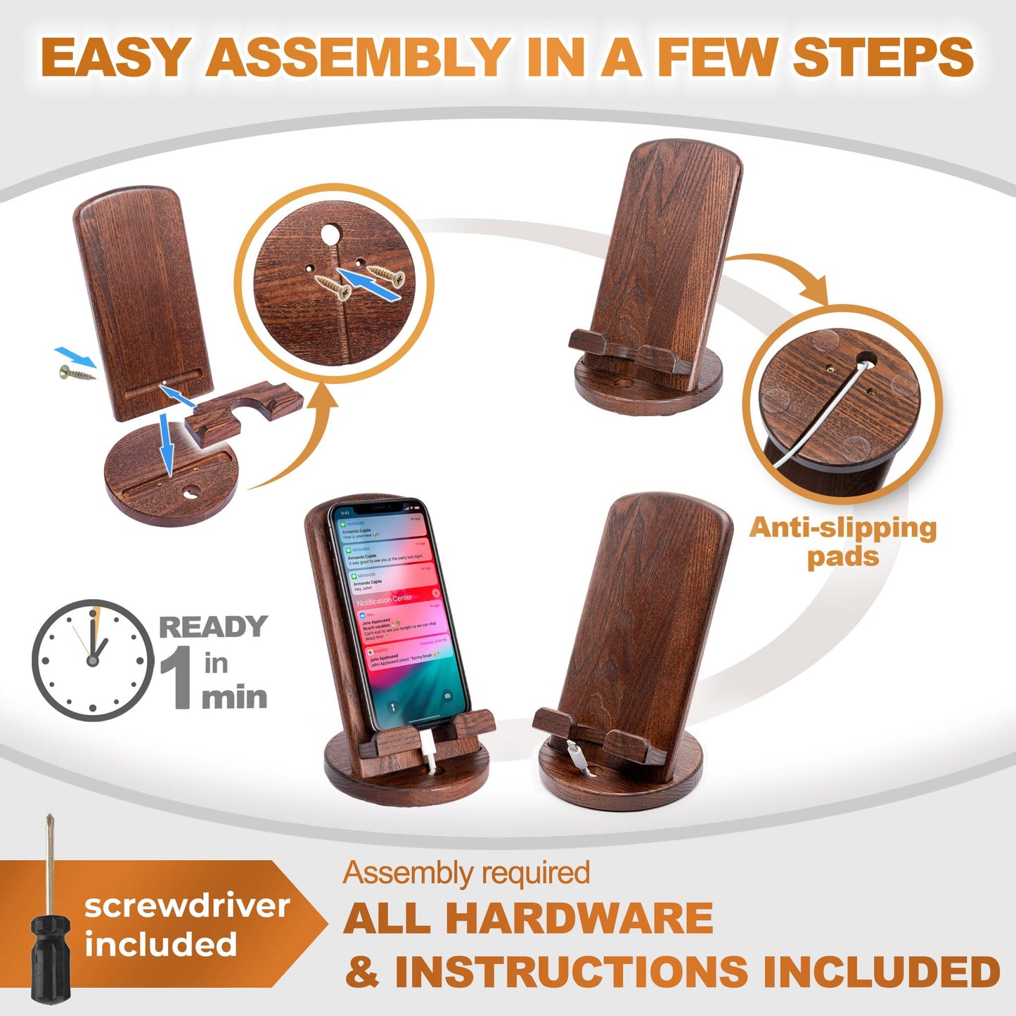 TESLYAR Wood Cell Phone Stand - Elegant Phone Holder for Nightstand & Desk | Portable Office Gift for Men, Dad & Husband | Compatible with iPhone