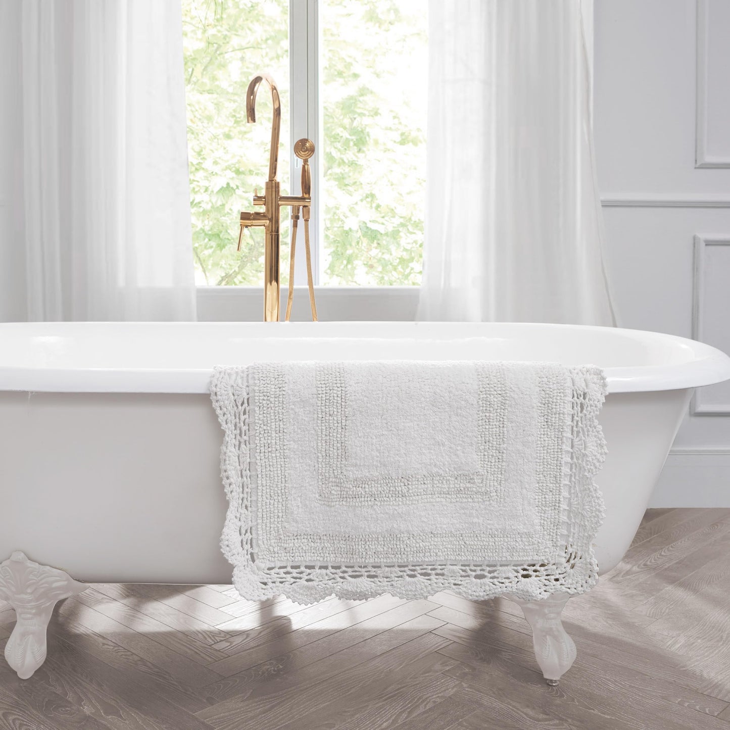 Laura Ashley Absorbent Bath Mat Reversible Crochet Soft and Plush Bathroom Mat 100% Cotton 21x34 Bath Rug, White