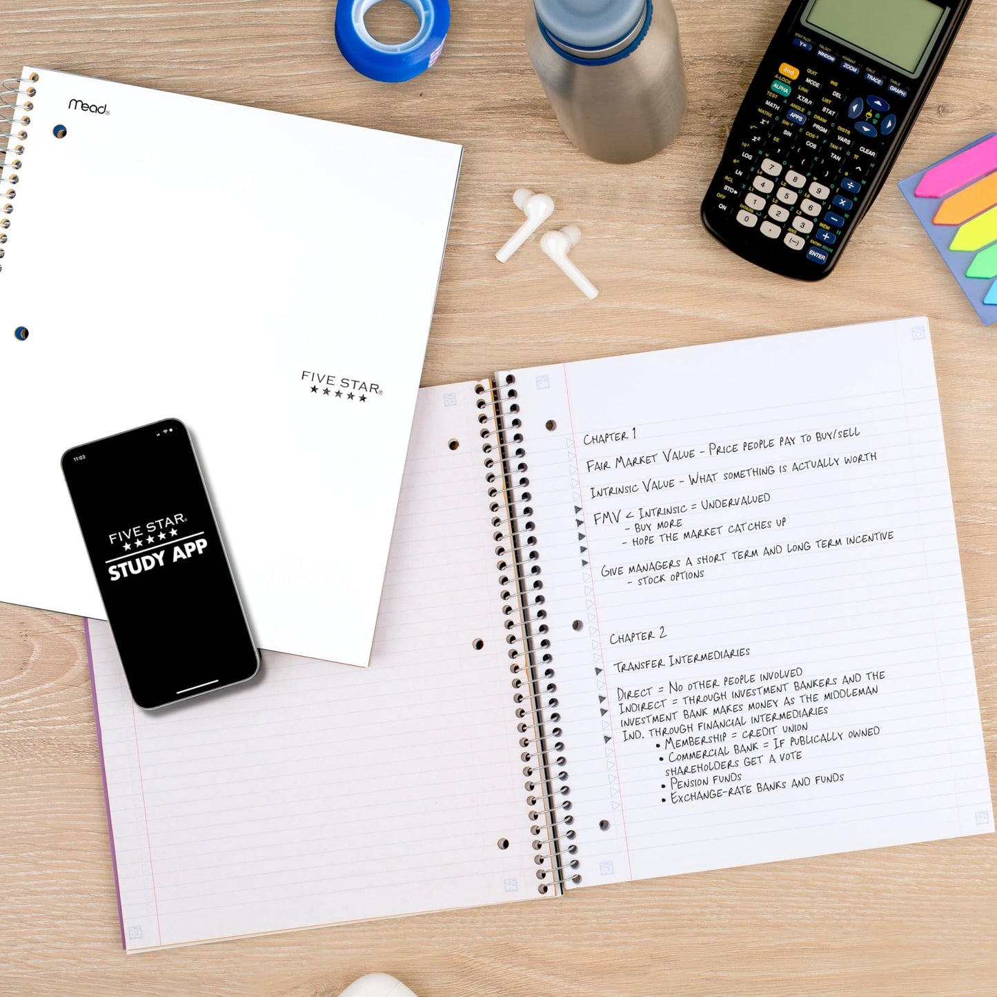Five Star Spiral Notebook + Study App, 3 Subject, College Ruled Paper, 8-1/2" x 11", 150 Sheets, Fights Ink Bleed, Water Resistant Cover, White