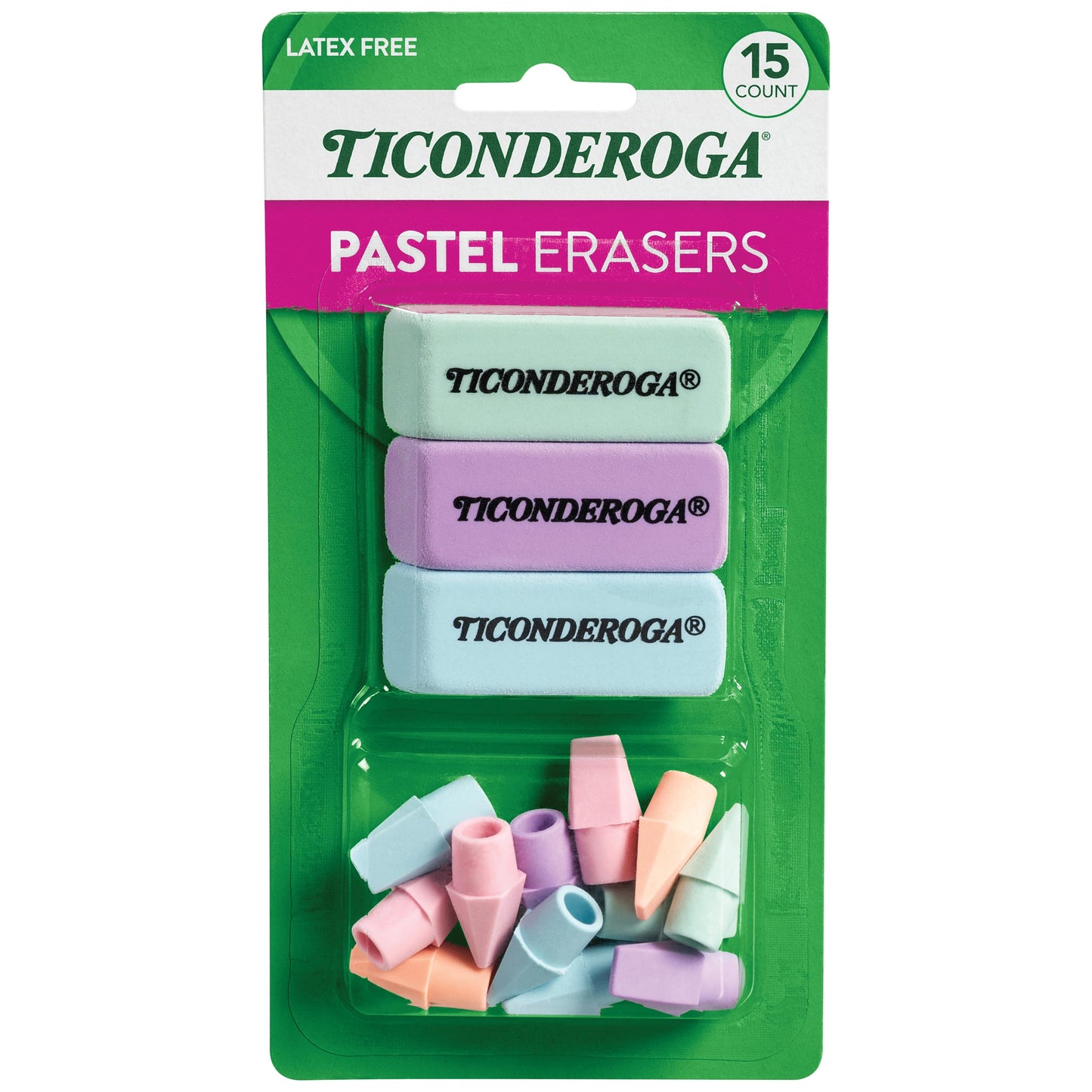Ticonderoga Assorted Erasers, Pastel Colors, 15 Count