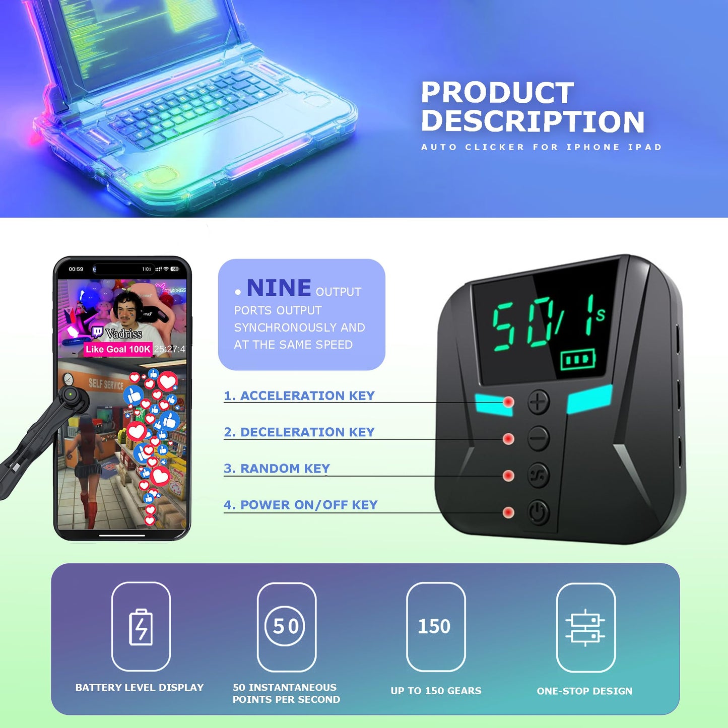 STRONGBERRY Auto Clicker with 2pcs Click Heads for iPhone iPad, Phone Screen Tapper for Android IOS, Simulated Finger Continuous Clicking, Adjustable