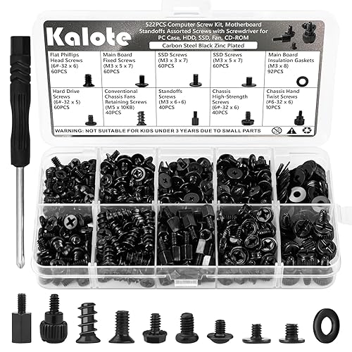 Kalote 522PCS Computer Screw Kit, Carbon Steel Rust-Resistant Laptop PC Screws Assortment Set with M.2 SSD Screws, Motherboard Standoffs, HDD Case Fan
