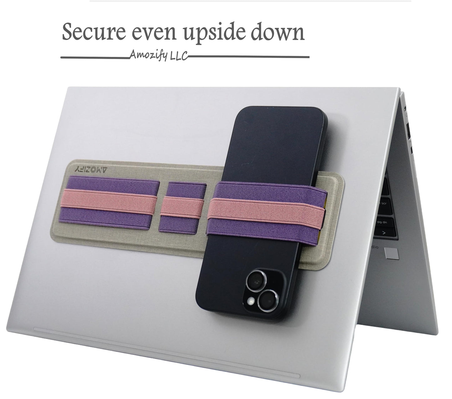 AMOZIFY® Space-Efficient Anti-Slip Organizer, Mouse Holder for Laptop Stick On, 3-Slot Band Laptop Pocket Adhesive | Hard Drive Holder (Purple-Pink)