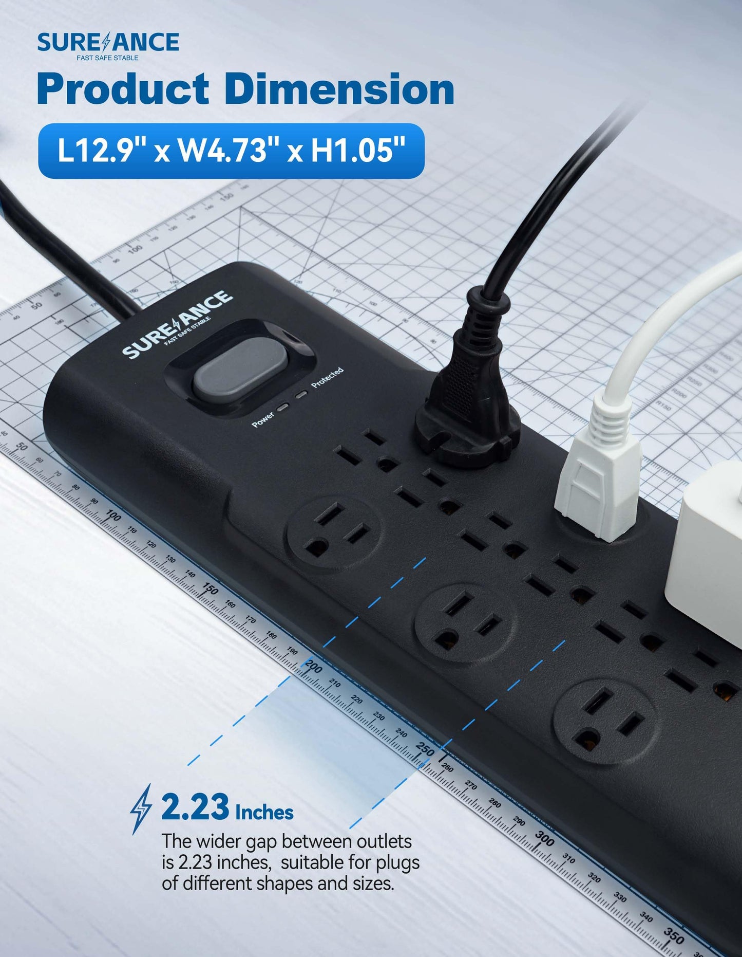 Surge Protector Power Strip, SUREANCE Surge Protector with 12 Outlets and 4 USB Ports, 20W PD USB-C Fast Charging for Home, Office, 4100 Joules, Flat