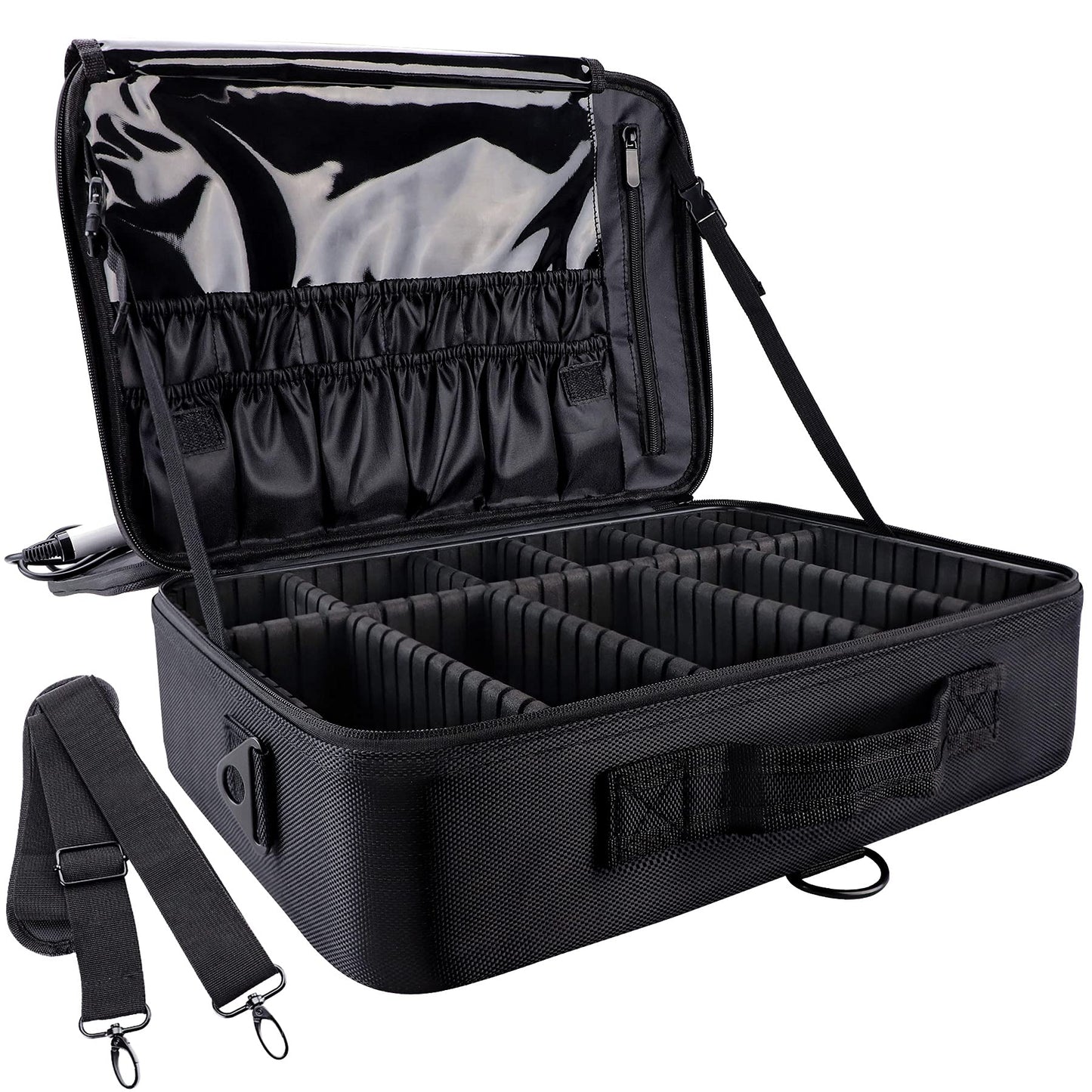 GCZC Large 16.5" Travel Makeup Train Case – Professional Cosmetic Organizer with Adjustable Dividers, Brush Storage & Shoulder Strap (Black)