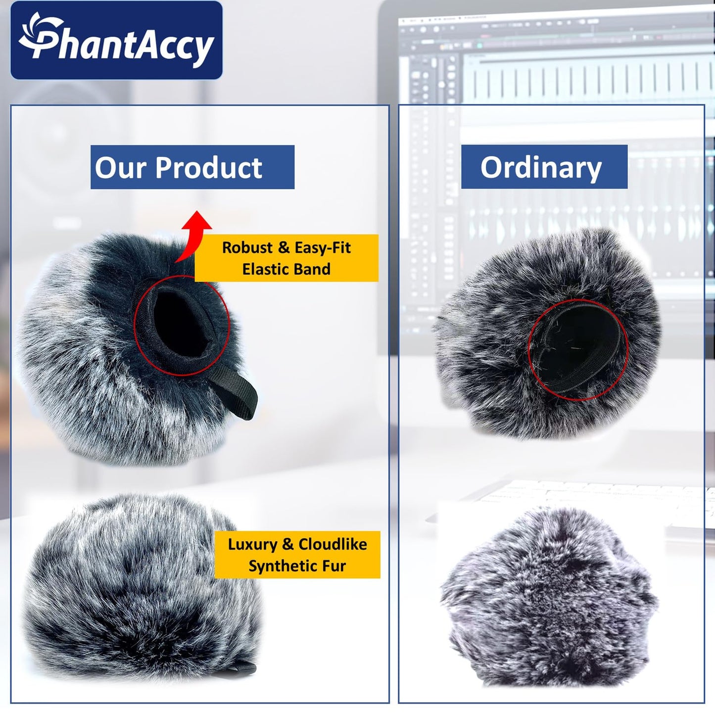 PhantAccy Pop Filter/Windscreen for Blue Yeti and Yeti Pro Microphones, Furry Mic Cover for Wind and Ambient Noise Reduction