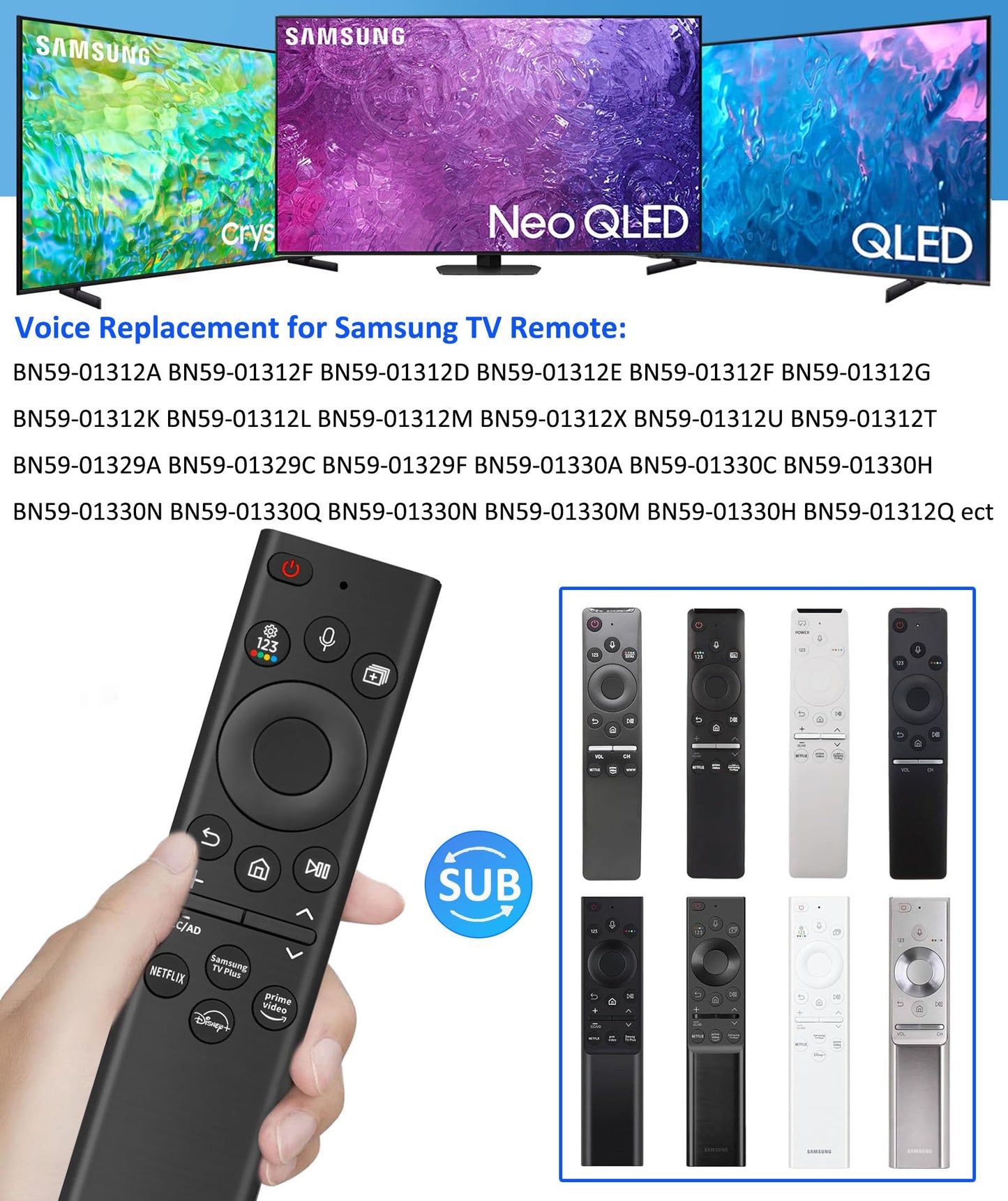 Voice Replacement Remote Control for All Samsung TV, Compatible for All Samsung TV Crystal UHD/Neo QLED/OLED/The Frame 4K 8K Smart TVs, 4 Shortcut