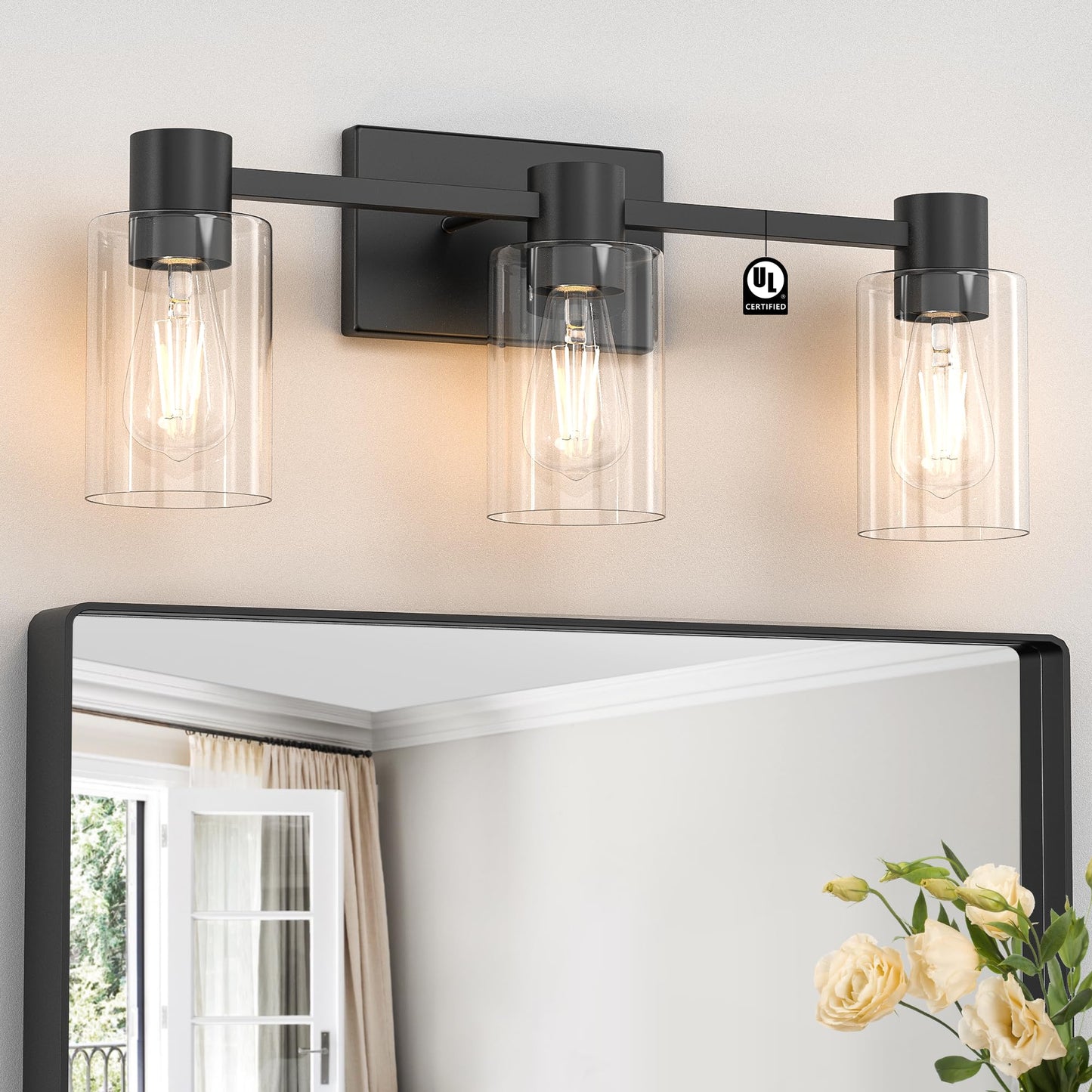 Esfos 3-Light Matte Black Wall Sconces for Bathroom, Modern Vanity Light Fixtures Over Mirror, Bathroom Light Fixtures with Clear Glass Shade, E26