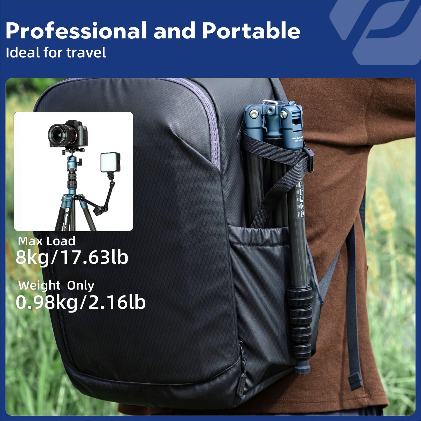 Fotopro 62" Carbon Fiber Travel Tripod, Compact Camera Tripod with Ball Head, Detachable Monopod with Arca-Swiss Quick Release Plate and Bag, Load up