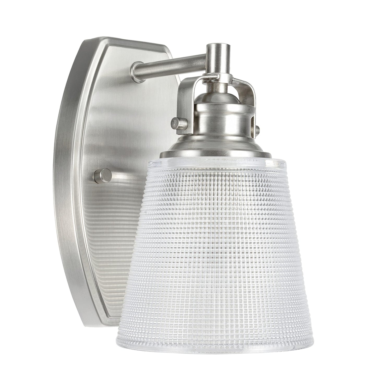 Aspen Creative 62085, One-Light Metal Bathroom Vanity Wall Light Fixture, 5" Wide, Transitional Design in Brushed Nickel with Clear Glass Shade