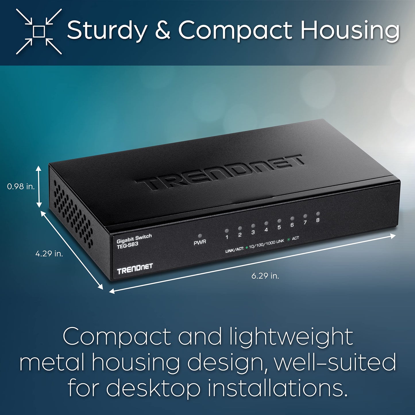 TRENDnet 8-Port Gigabit Desktop Switch, TEG-S83, 8 x Gigabit RJ-45 Ports, Ethernet Splitter, 16Gbps Switching Capacity, Fanless Design, Metal