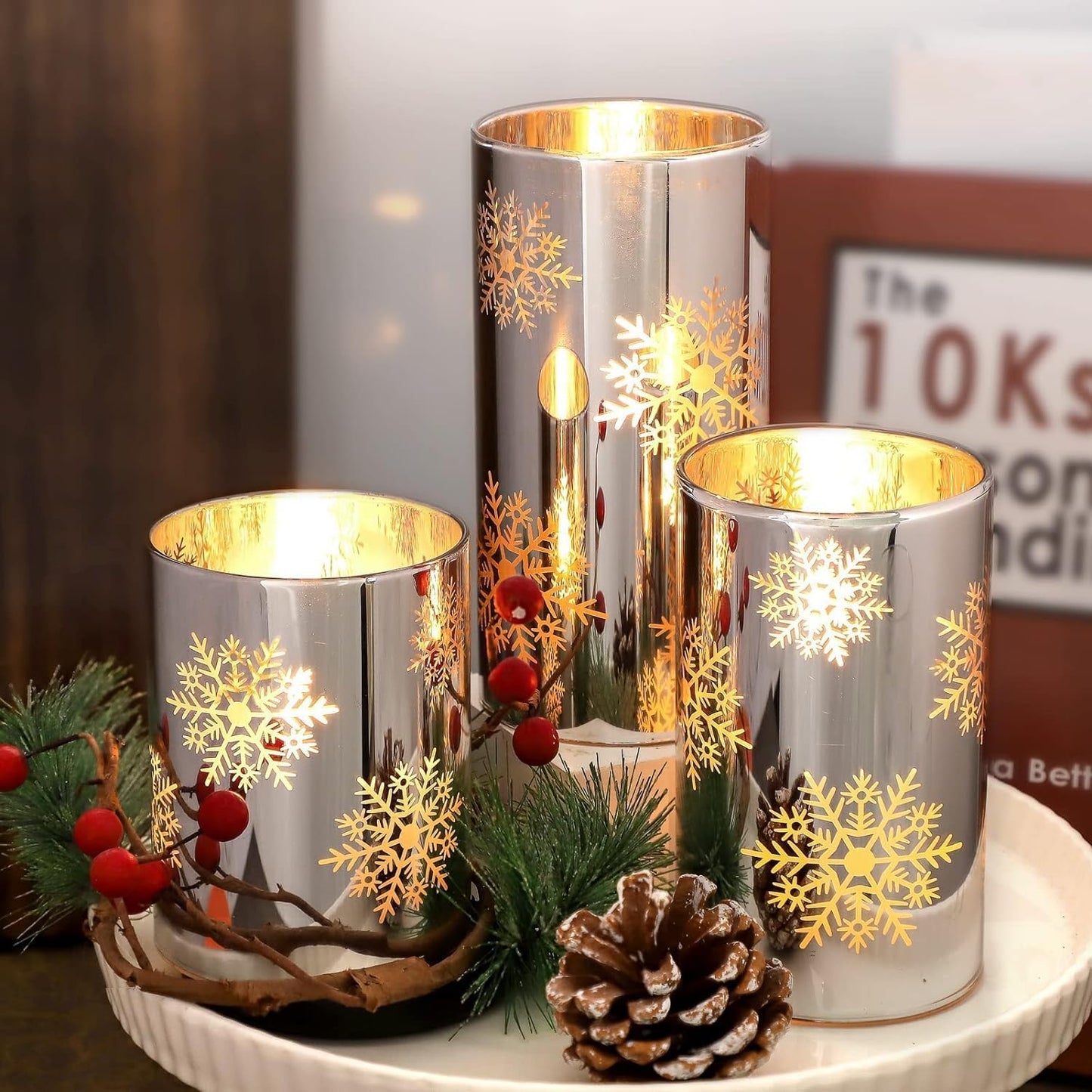 FLAVCHARM Snowflake LED Flameless Candles with Remote and Timer, Electroplate Glass Candles Operated by Battery, Christmas LED Flickering Candles