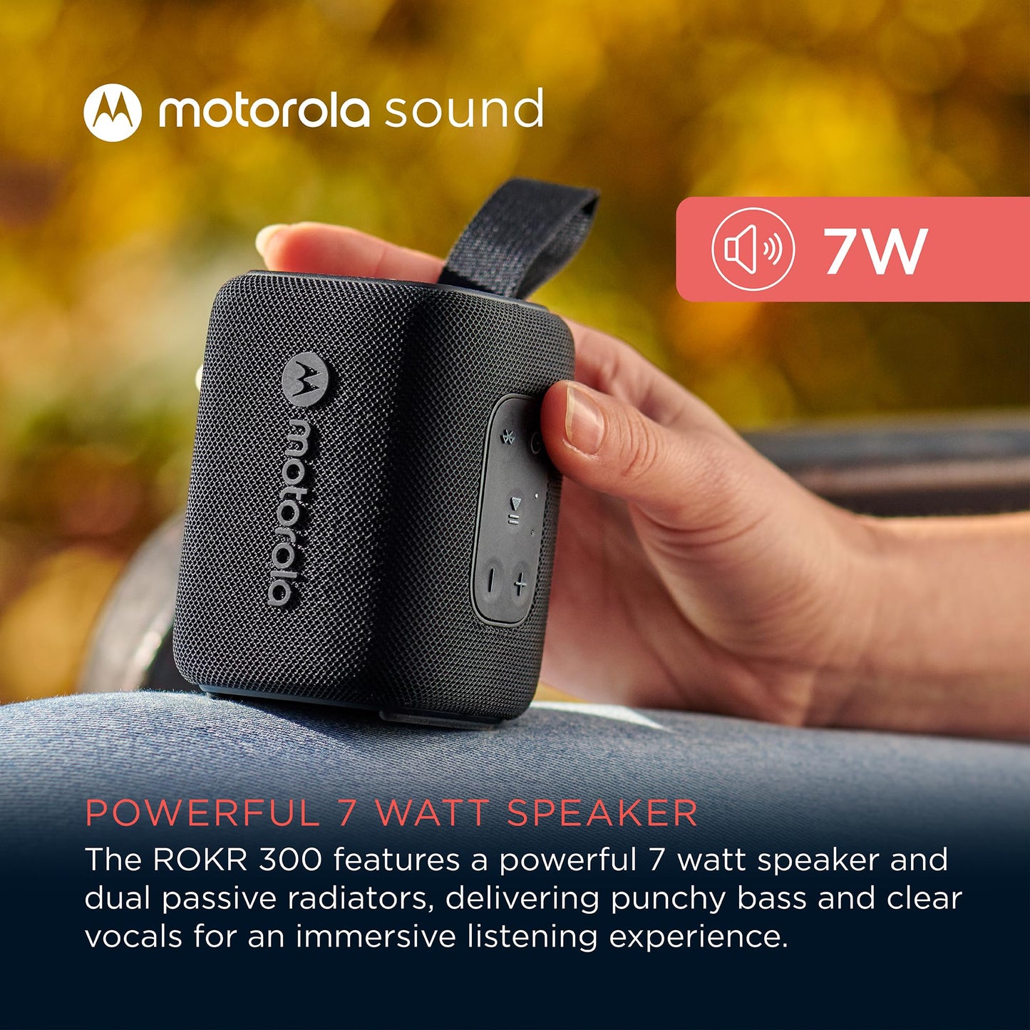 Motorola ROKR 300 Wireless Portable Bluetooth Speaker with Dual Built-in Passive Radiators, IP67 Water and Dust Resistant, Clear Vocals, Compatible