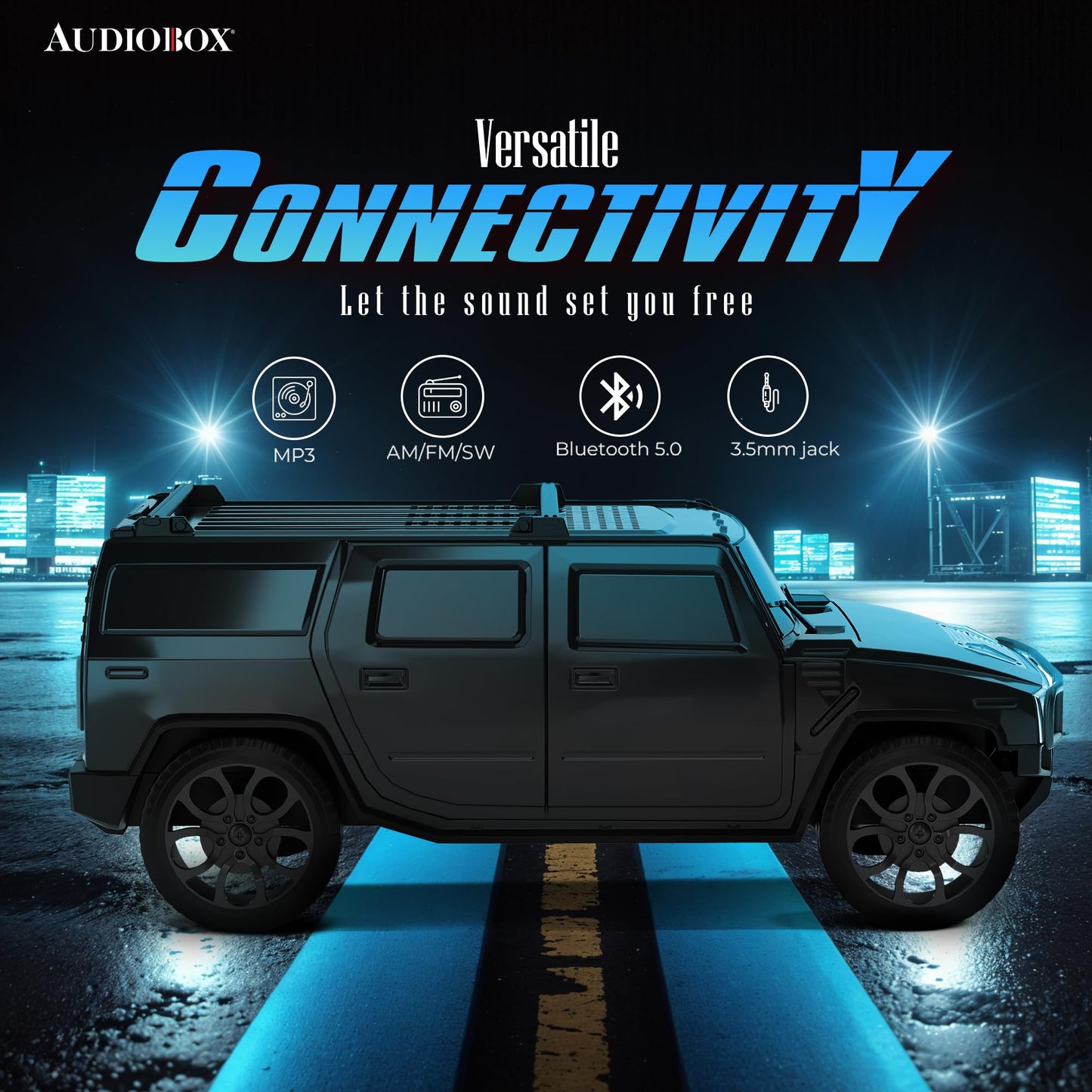 Audiobox Bluetooth Truck Speaker - Portable Hummer-Style Car Speaker with Moving Wheels, LED Headlights & Taillights, FM Radio, USB, TF, AUX Inputs