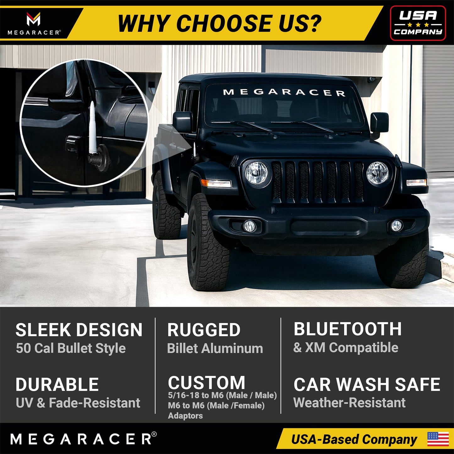 Gloss White 50 Cal Bullet Antenna for Jeep Wrangler JK JL & Gladiator JT (2007-2024), Rubicon Sahara Willys Mojave 4xe Accessories, Short Replacement
