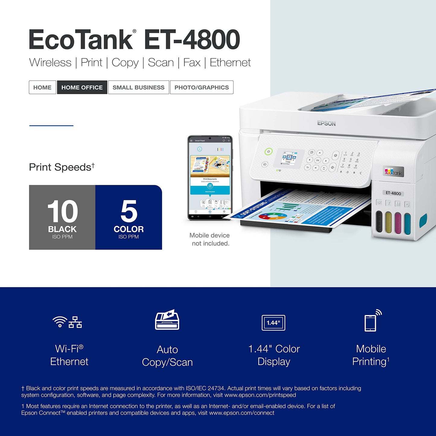 Epson EcoTank ET-4800 Wireless All-in-One Cartridge-Free Supertank Printer with Scanner, Copier, Fax, ADF and Ethernet - Ideal-for Your Home Office