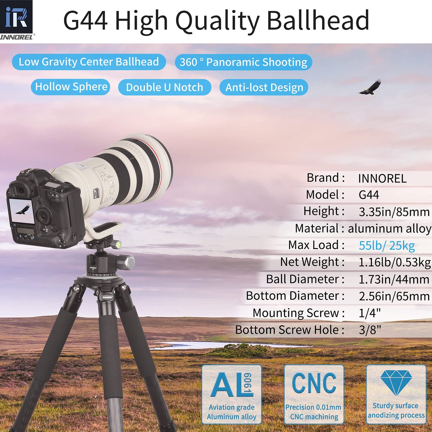 Low Profile Tripod Ball Head-INNOREL Panoramic CNC Metal Camera Tripod Ballhead with 1/4" Arca Swiss Quick Release Plate Aluminum Alloy head