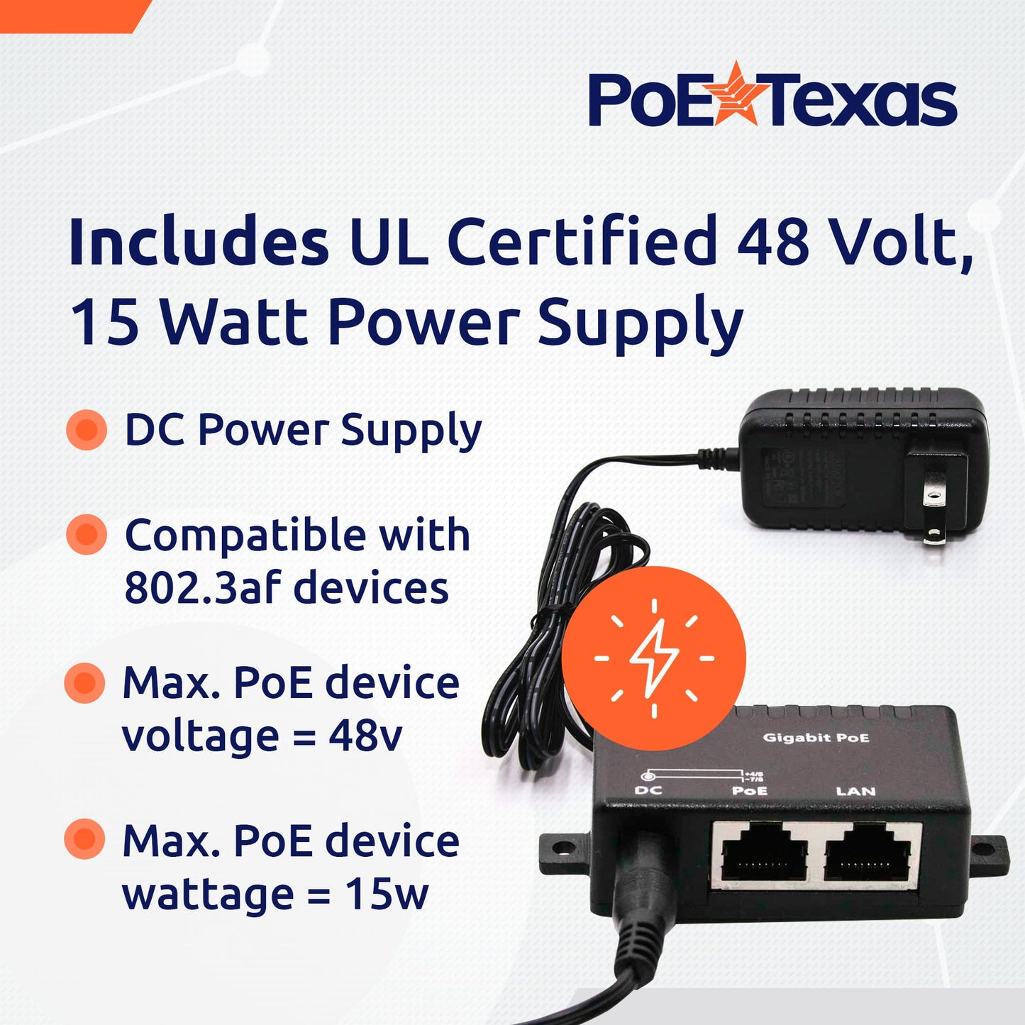Poe Texas PoE Injector - Single Port Power Over Ethernet Passive PoE Adapter - 10/100/1000 Gigabit Data - Includes 48V 15W Power Supply - Wall
