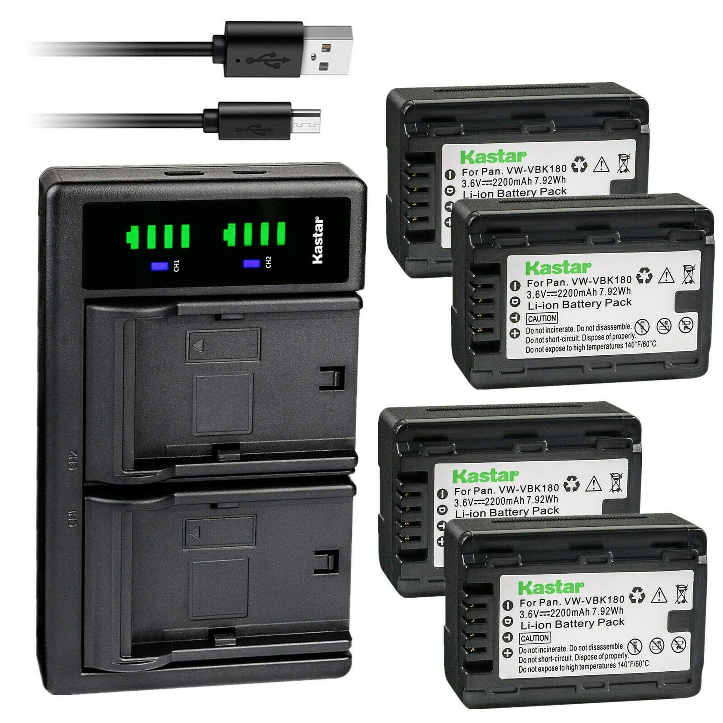 Kastar 4-Pack VW-VBK180 Battery and LTD2 USB Charger Replacement for Panasonic HDC-SD80P, HDC-SD80PC, HDC-SD80R, HDC-SD90, HDC-SD90EB-W-2012