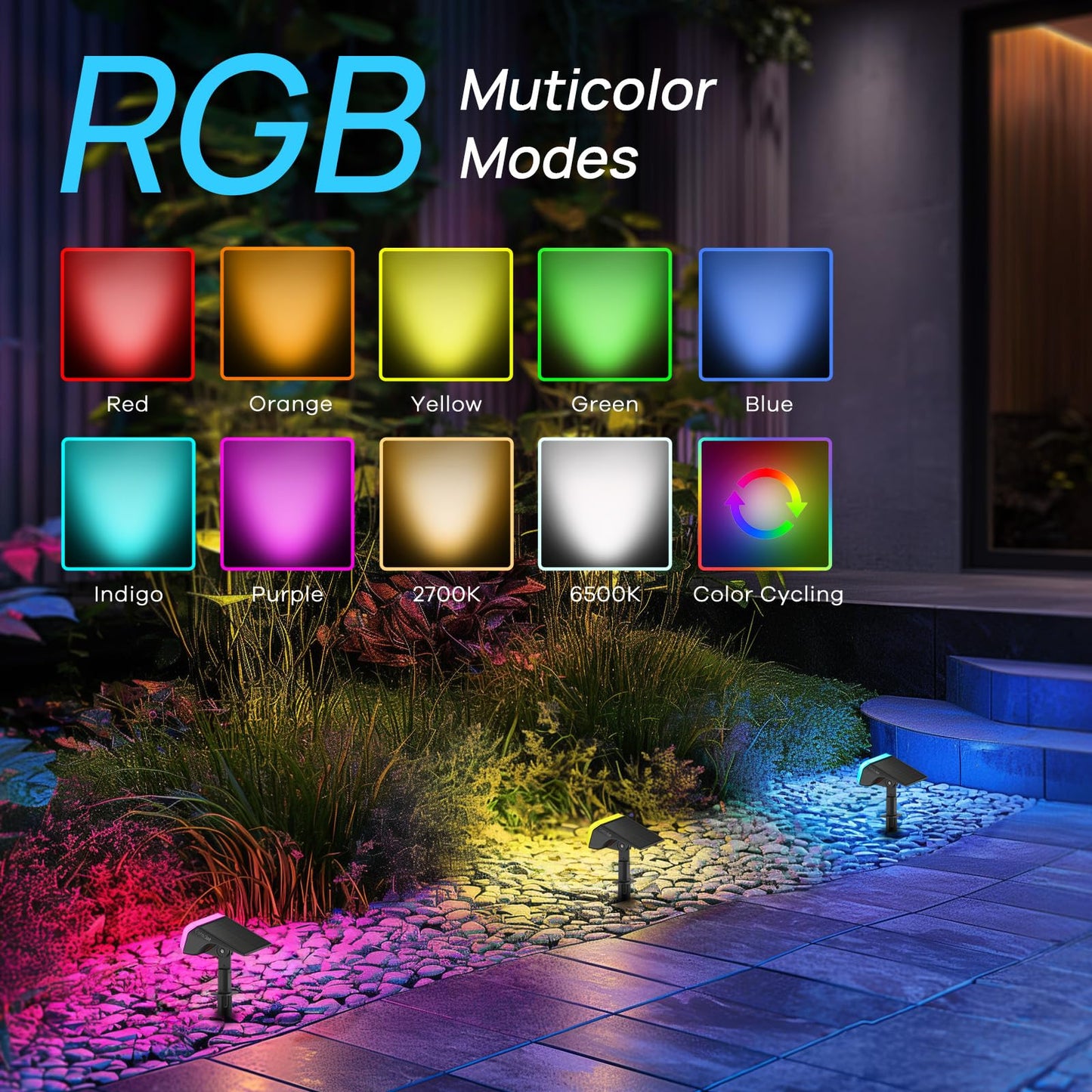 Consciot Solar Spot Lights Outdoor, 30 LEDs Waterproof Color Changing Solar Lights, 2 in 1 Adjustable Wall Lights, 10 Colors, D2D Modes Solar