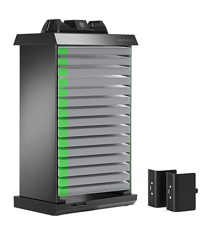 Snakebyte XBOX One Charge Tower Pro - Twin Docking Station with Games Tower for 15 Games, Charger and Battery Packs for 2 Controllers and 2 USB Ports