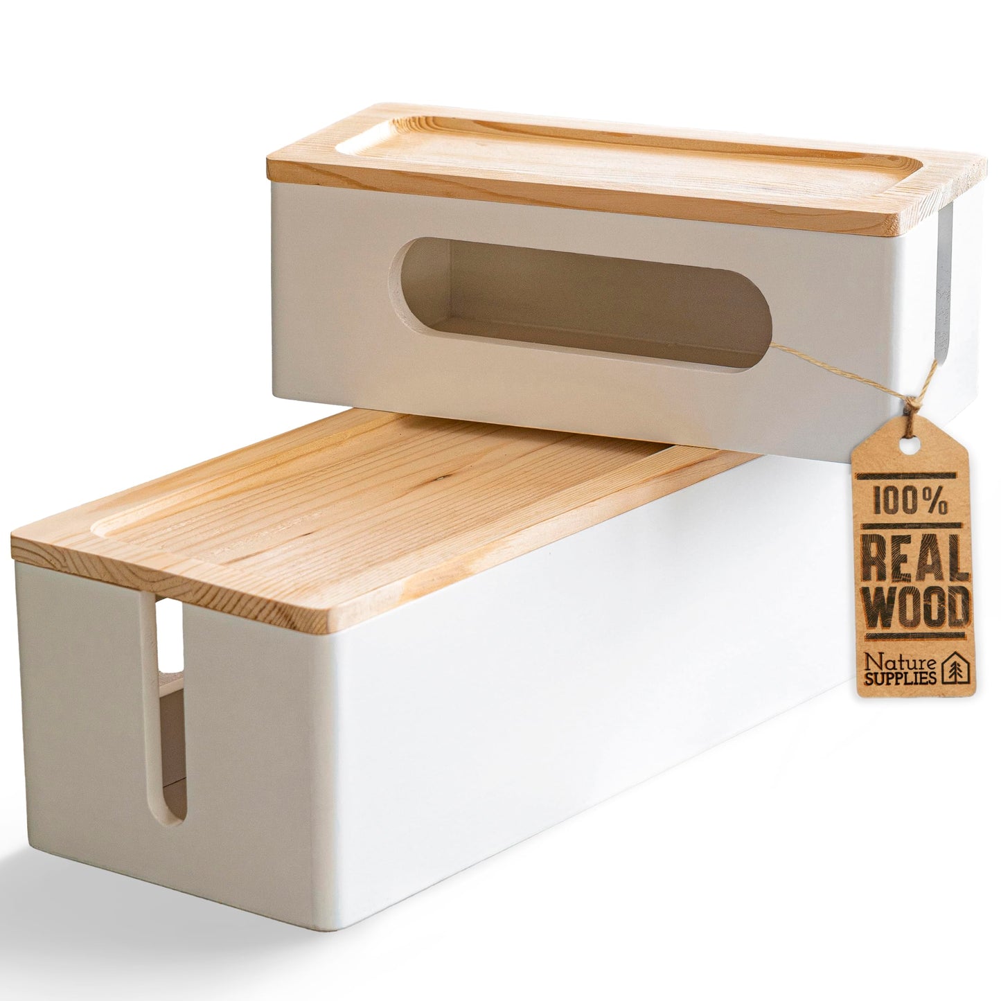 NATURE SUPPLIES Set of 2, Wood Cable Management Boxes, Large and Medium Cord Organizer to Hide Wires and Power Strips for TV, Desk, Computer, Router