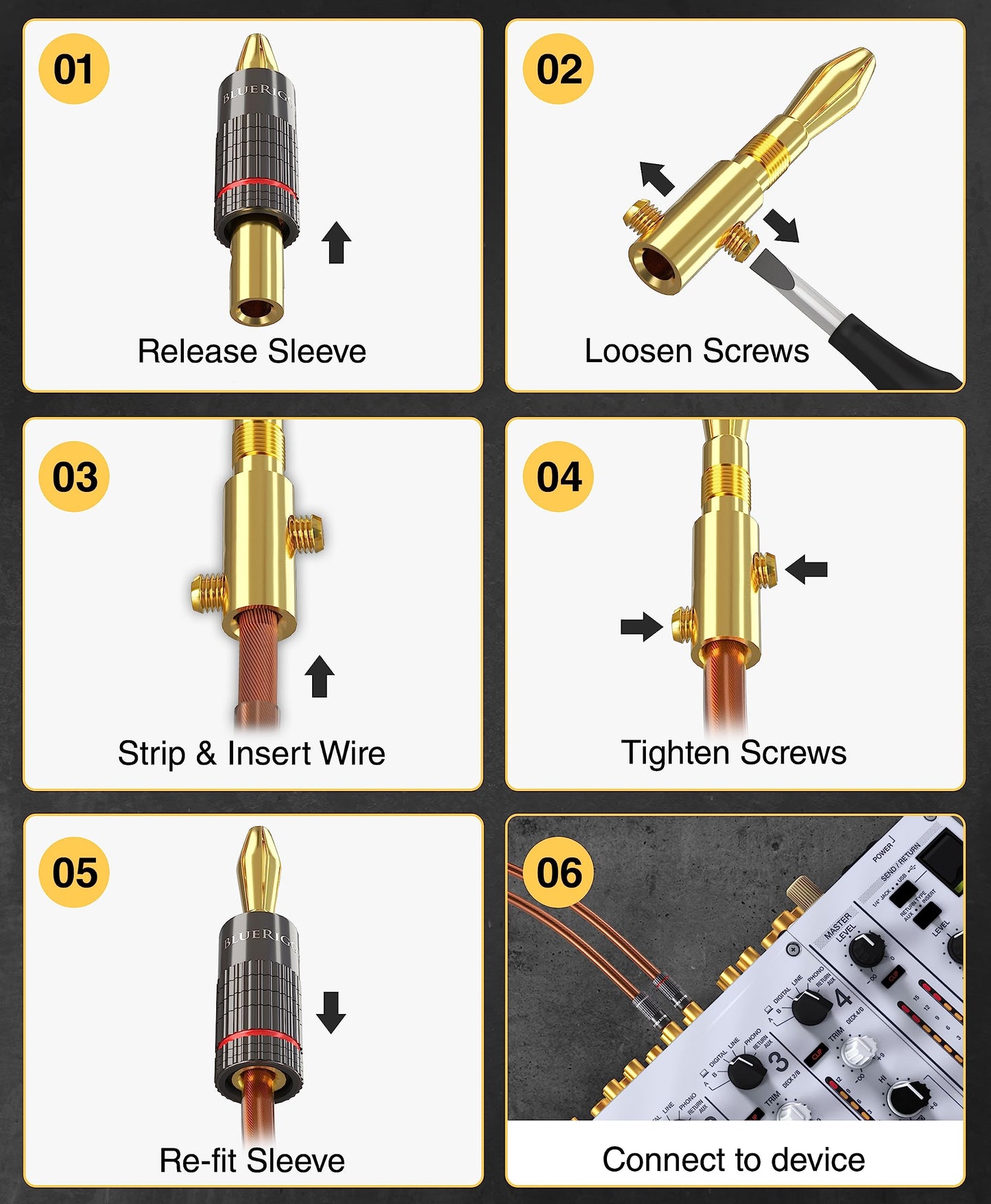 BlueRigger Banana Plugs 5 Pairs / 10 pcs (Closed Dual Screw) - 10 Pack Gold Plated Speaker Plugs Connector for Speaker Wire, Amplifier, Receiver