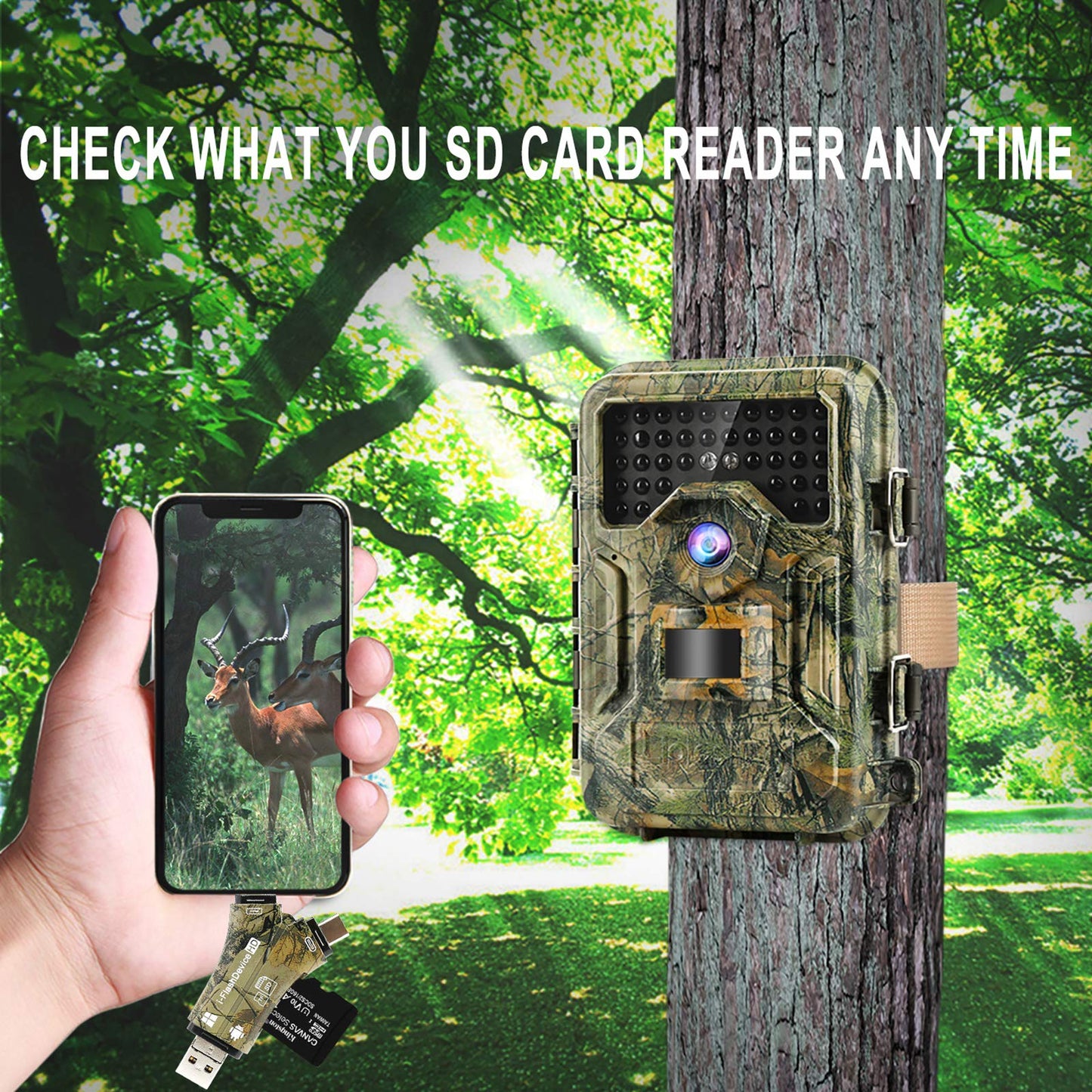 Liplasting Trail Camera Viewer SD Card Reader for iPhone iPad Mac & Android, 4 in 1 SD/Micro SD/TF Memory Card Reader Adapter to View Hunting Game