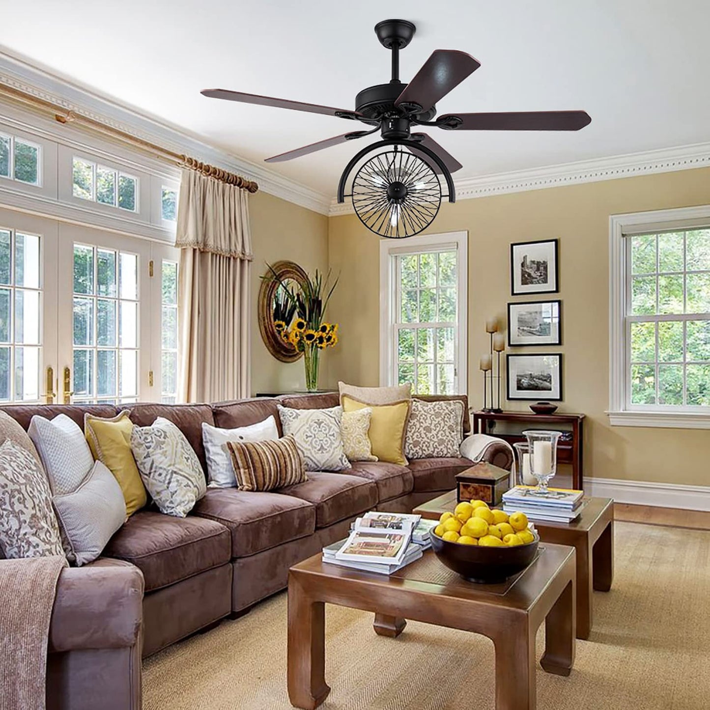 US DELIVER Crystal Ceiling Fan Industrial Chandelier with 3-Lights- 5 Reversible Wood blade for Living Room( 52 Inch)