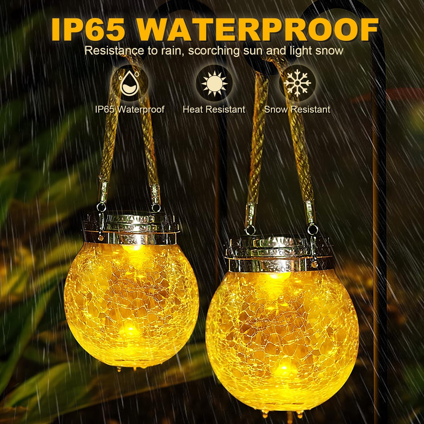 DBF Solar Lanterns Outdoor 2 Pack - Waterproof IP65 Hanging Solar Lights with Warm Amber & RGB Colors, Crackle Glass LED Ball Lights Globes Garden