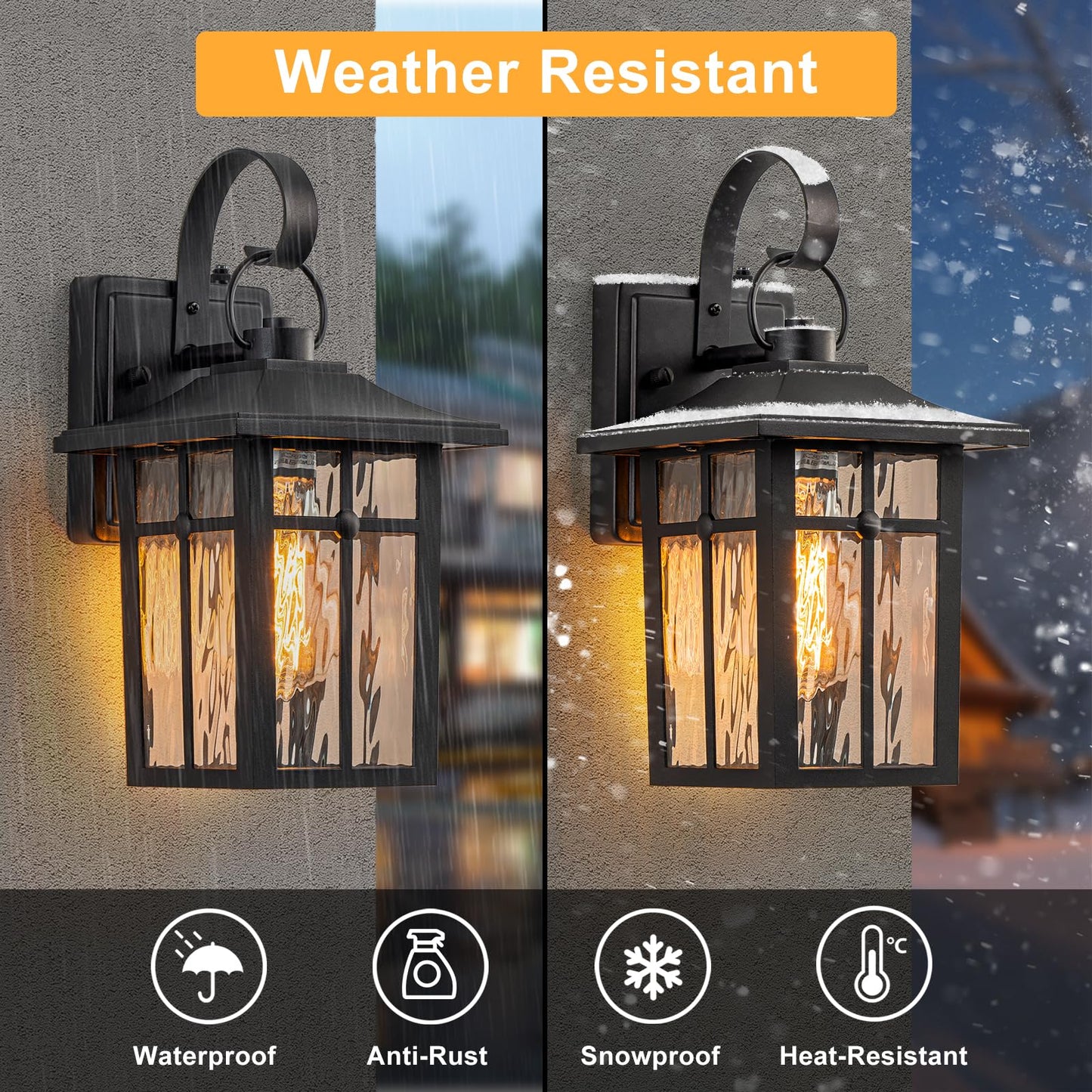 Lawyettle 2 Pack Dusk to Dawn Outdoor Wall Lights, Aluminum Exterior Light Fixtures Wall Mount with Ripple Glass, Waterproof Black Porch Lights
