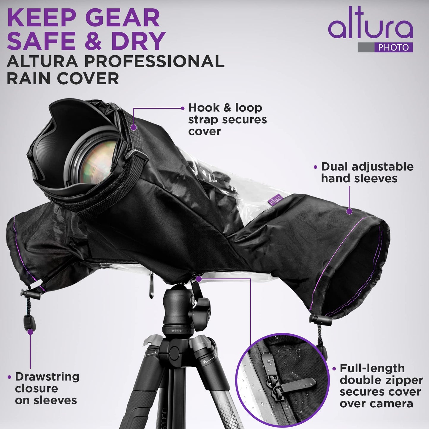 Altura Photo Camera Rain Cover - Professional Waterproof Lens Jacket Covers with Dual Hand Sleeves and Full-Length Zipper - Weather Protector