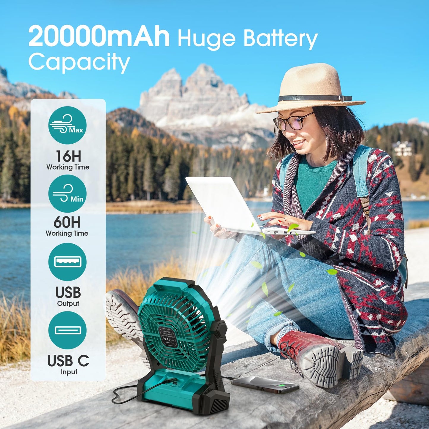 Portable Fan Rechargeable, 20000mAh Cordless Battery Powered Fan with LED Lantern Battery Operated for Travel Bedroom Home Camping Tent Office Beach