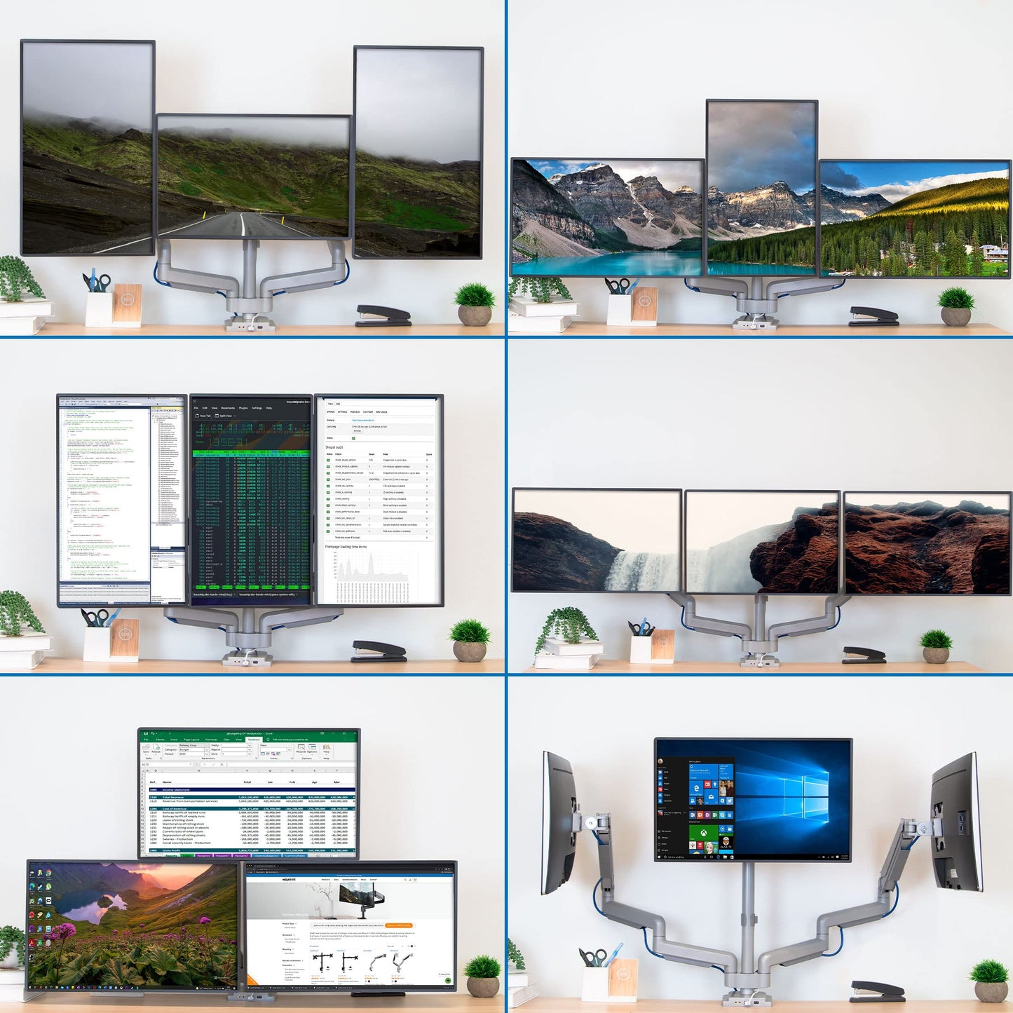 Mount-It! Triple Monitor Mount with Gas Spring Arms, Fits 24-32 Inch Screens, USB & Audio Ports, Full Motion Desk Stand with Tilt, Swivel & Rotation