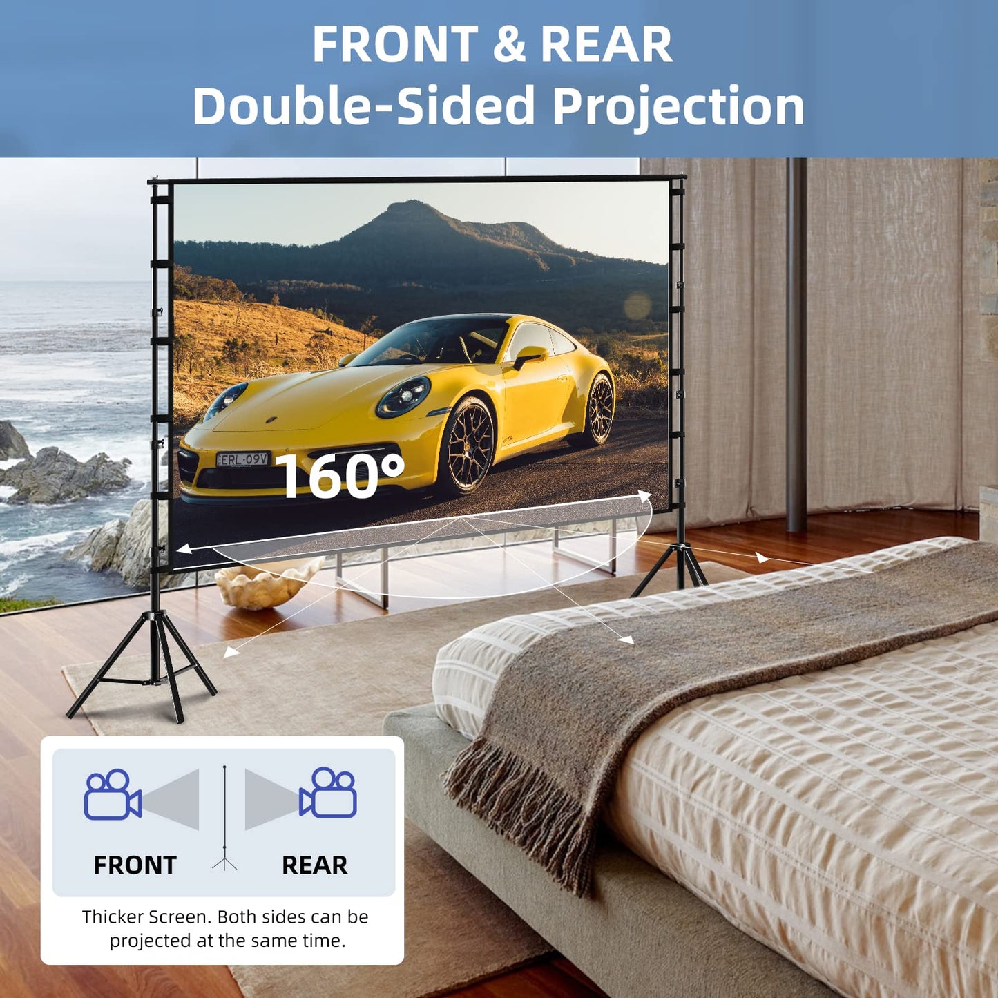 TOWOND Projector Screen and Stand, 120 inch Outdoor Projection Screen, Portable 16:9 4K HD Rear Front Movie Screen with Carry Bag Wrinkle-Free Design