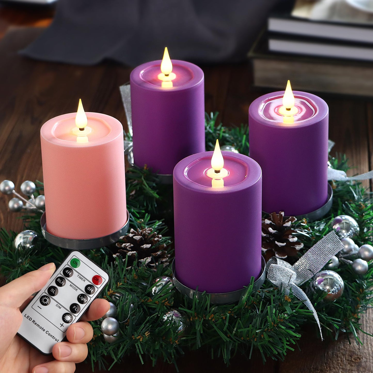 Yunsheng Flameless Advent Candles Purple and Pink, 5 Inch Battery Operated LED Pillar Candles With Remote Timer, 350+ Hours Long Lasting for Christmas