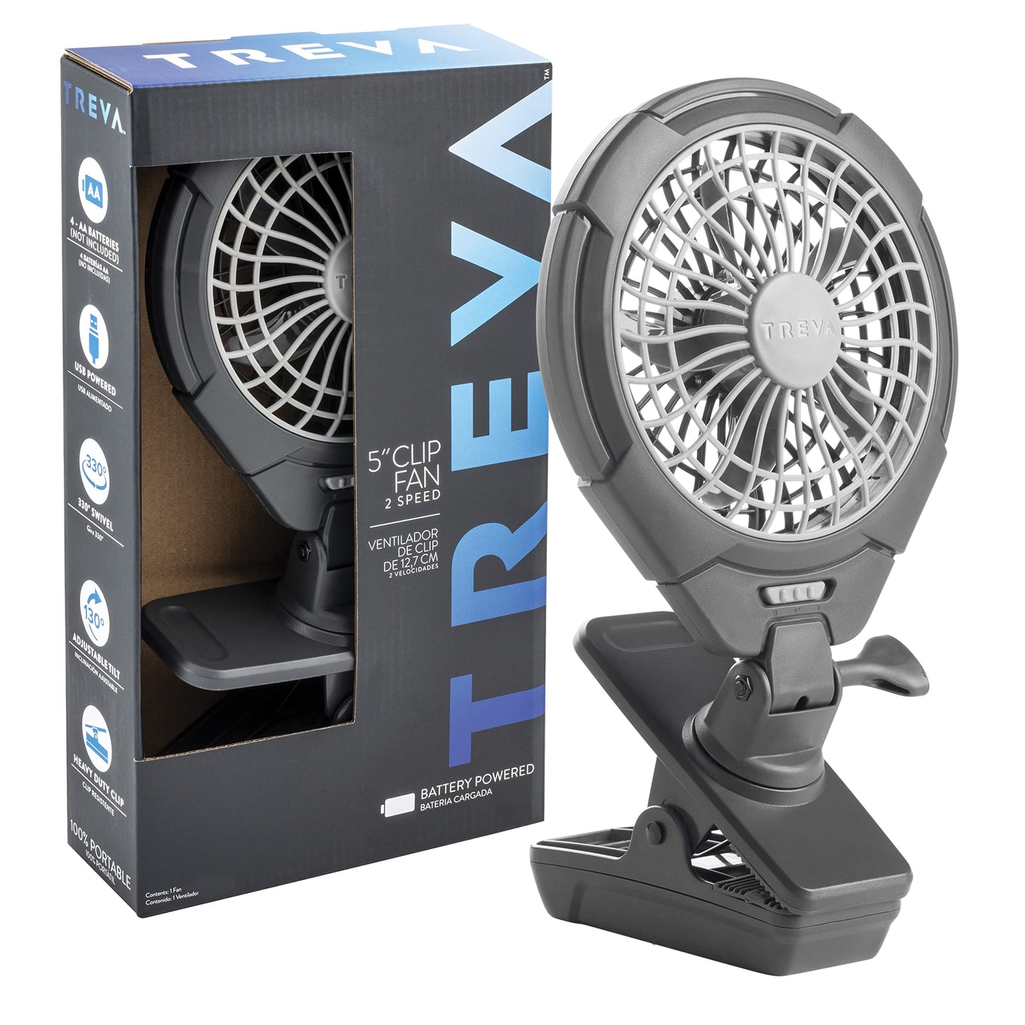 O2COOL Treva 5 in Battery & USB Powered Clip on Fan 2-Speed Gray